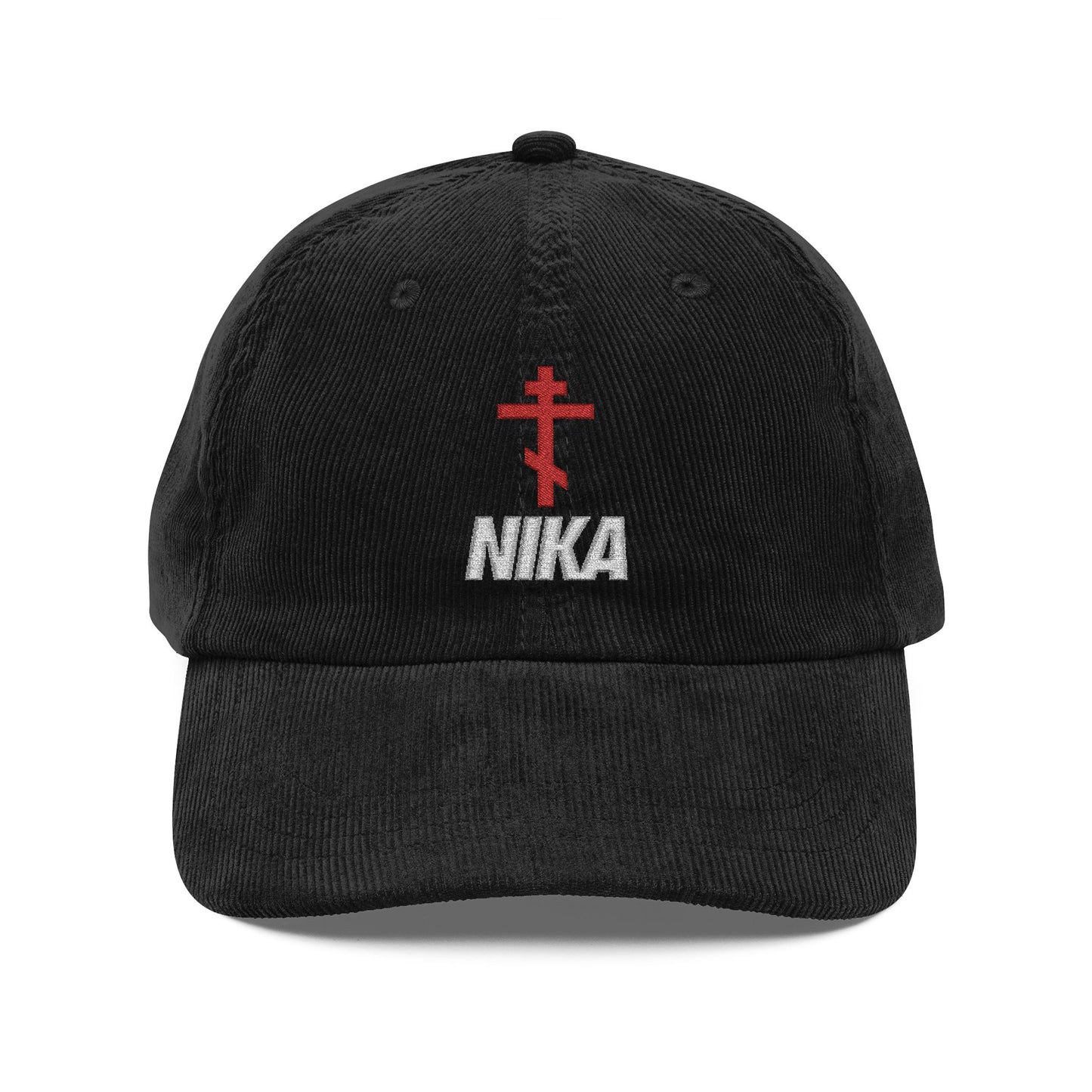 NIKA Red Russian Cross w/ White Text | NIKE Logo Mashup | Orthodox Christian Vintage Embroidered Corduroy Cap