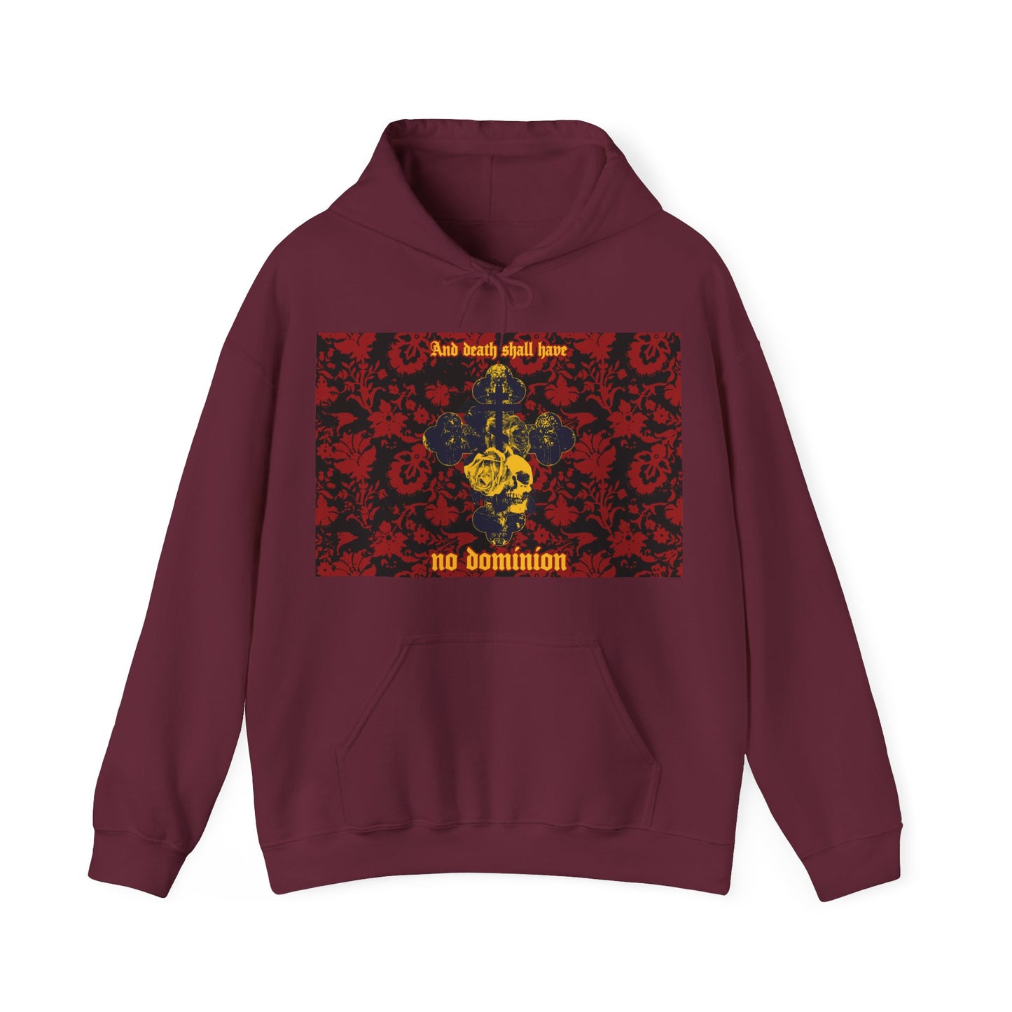 And Death Shall Have No Dominion (Dylan Thomas) | Resurrection | Gothic Style Cross, Skull and Rose on Floral Background | Orthodox Christian Hoodie-Maroon-S-Remembrance of Death