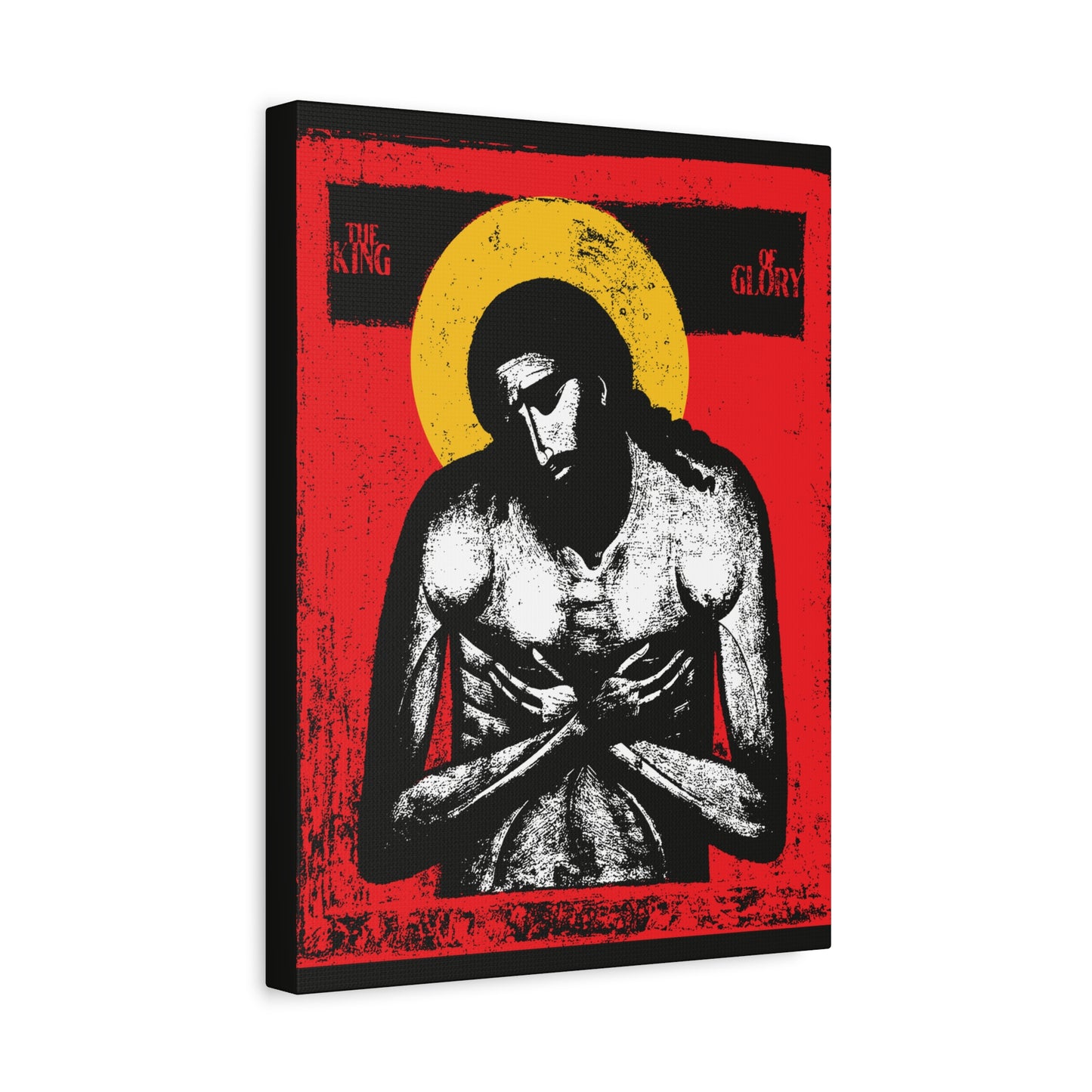 A vibrant iconographic print titled "The King of Glory Jesus Christ 'Extreme Humility'," featuring a stylized Jesus with a yellow halo on a red background, inspired by Isaiah 53. Perfect Christian devotional wall art in red, yellow, white, and black.