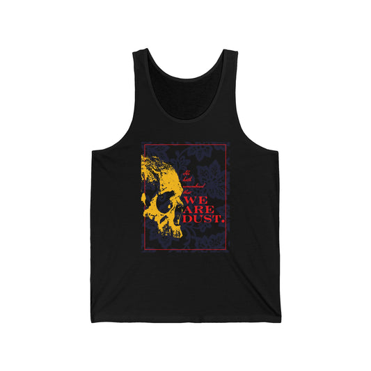 Black tank top featuring a yellow skull and red "WE ARE DUST." text on a blue floral background, inspired by Psalm 102 / 103 LXX. Memento Mori gothic style Orthodox Christian design.
