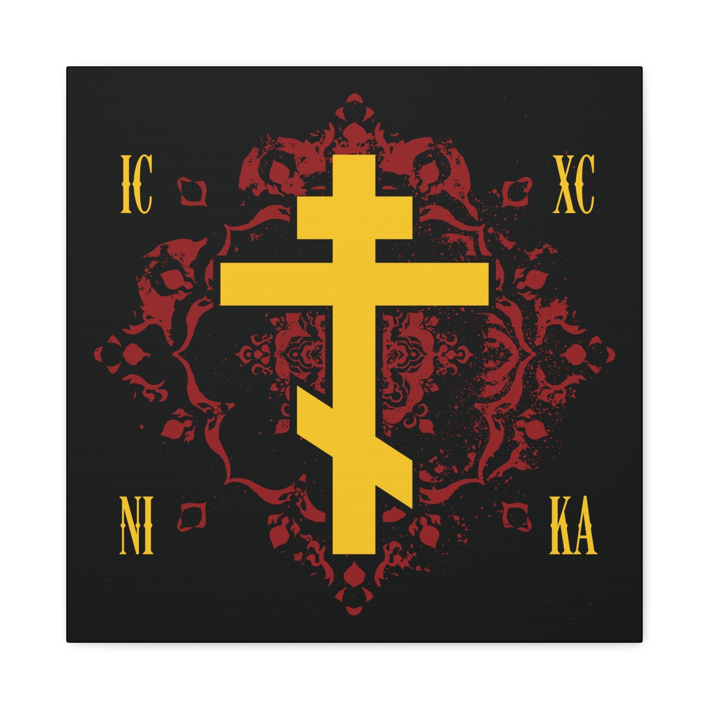 The ICXC NIKA Yellow Russian Cross on Ornate Red Background | Jesus Christ Conquers Orthodox Christian Canvas Art celebrates Christ’s victory and grace, inspired by Orthodox tradition and the teachings of St. Kosmas Aitolos.