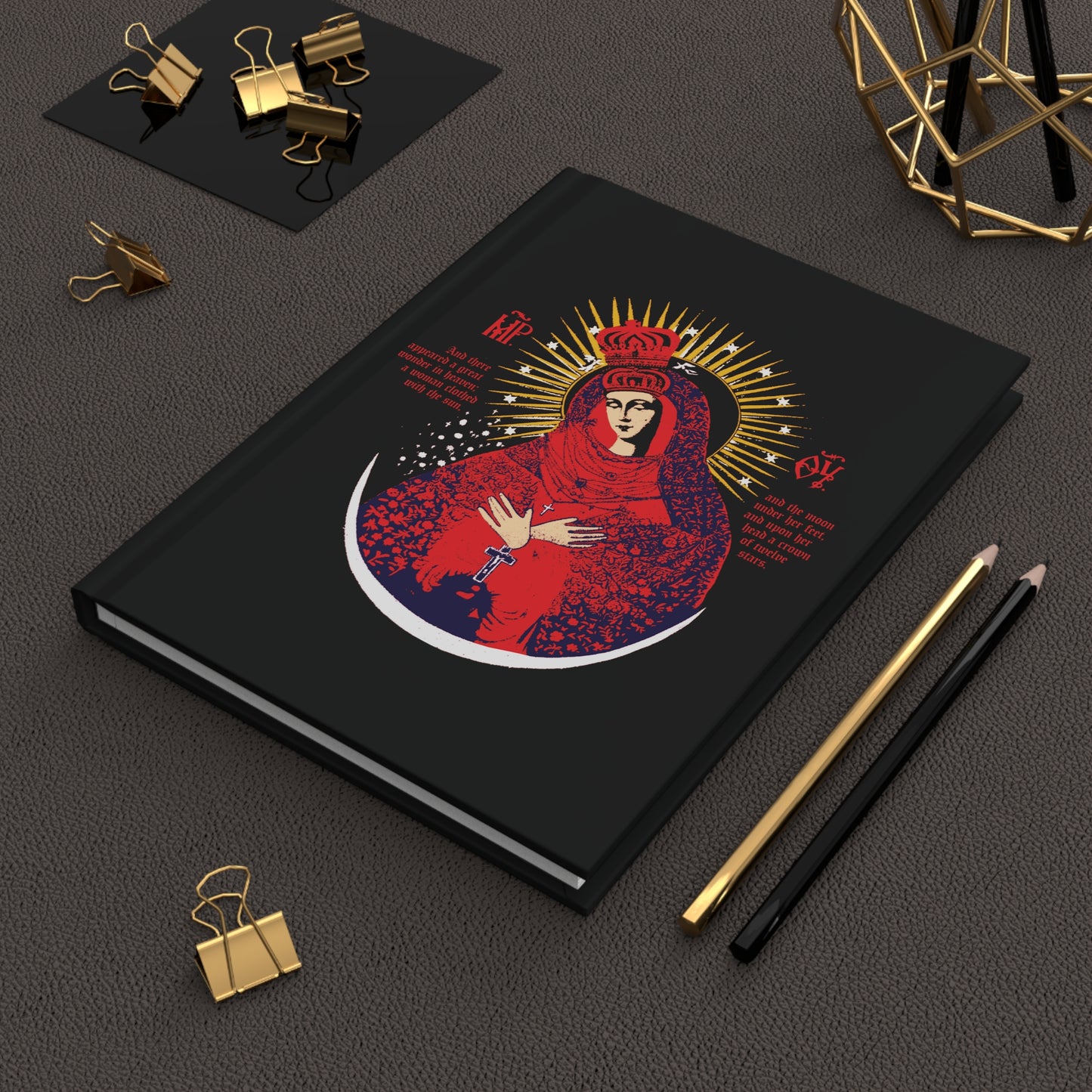 Our Lady the Gate of Dawn Icono-Graphic Orthodox Christian Journal features a crowned Theotokos, Woman of the Apocalypse, in a vivid red, blue & gold design inspired by the Vilnius icon.
