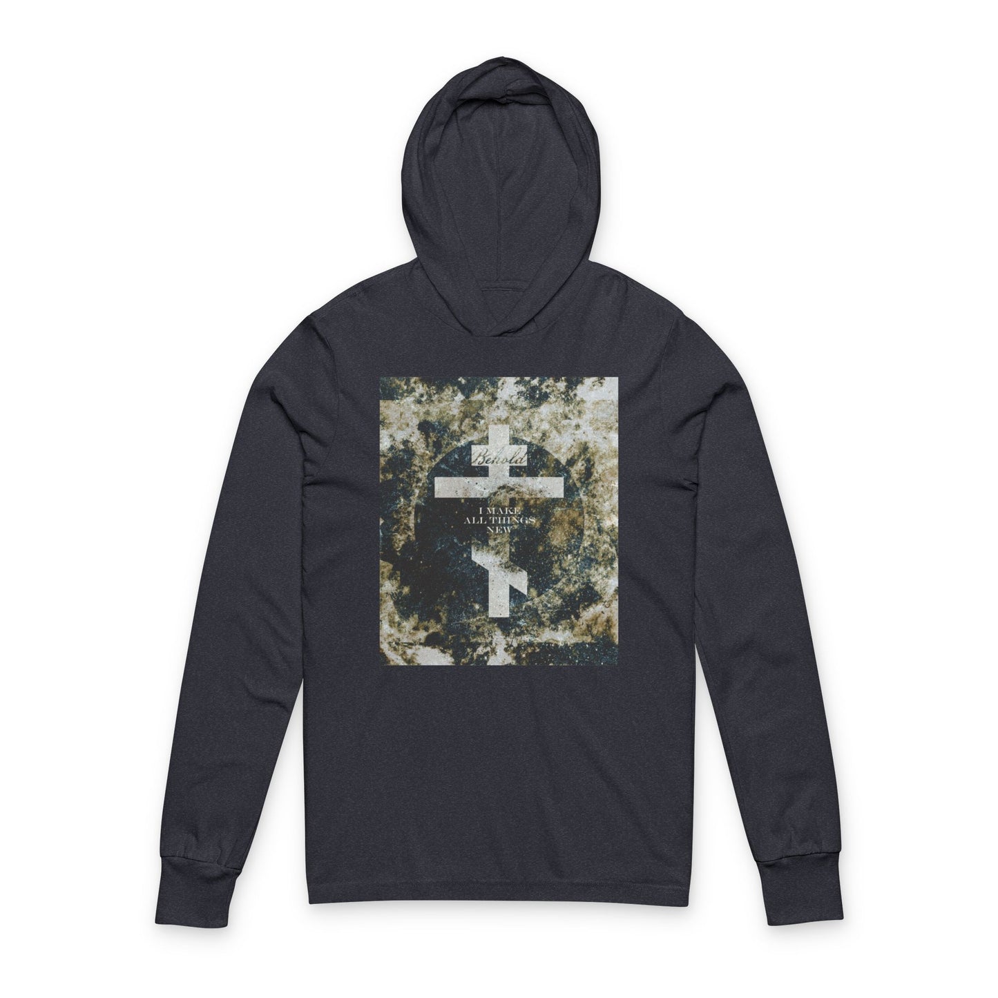Behold, I Make All Things New | Revelation 21:5 | Cosmic Textured Orthodox Cross | Parousia | Orthodox Long Sleeve Hooded Shirt