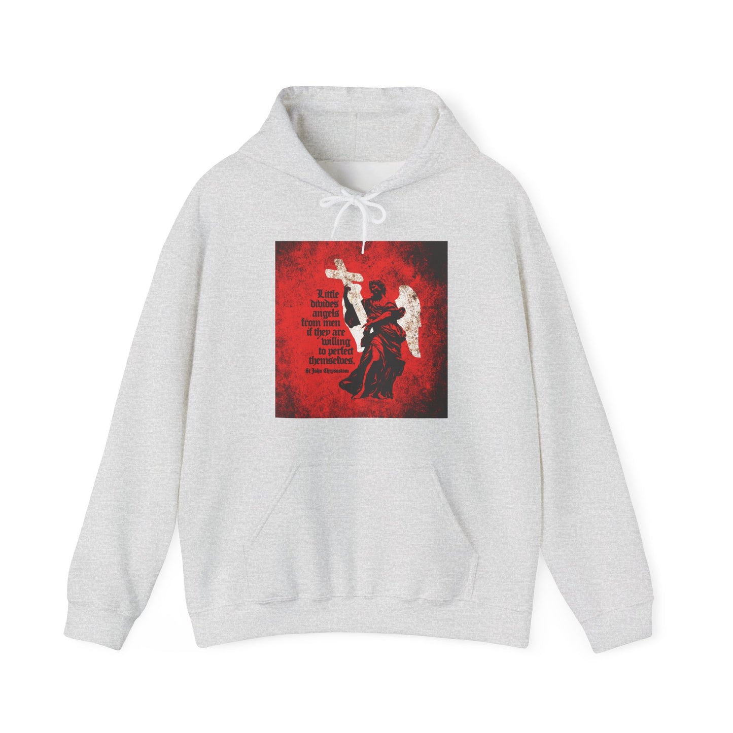 Ash hoodie featuring a red and black "Little Divides Angels from Men" graphic, cemetery angel illustration, and Orthodox Christian faith references inspired by St John Chrysostom.