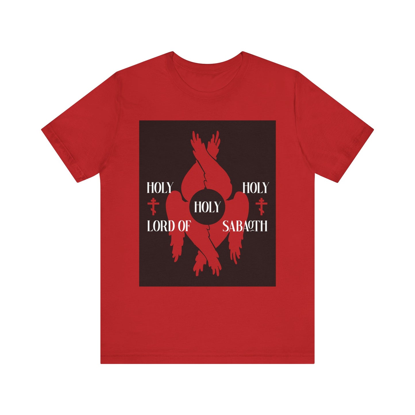 Red t-shirt featuring black graphic, red seraphim wings, white "HOLY HOLY HOLY LORD OF SABAOTH" text, and Orthodox crosses; inspired by Isaiah 6:3. Lightweight cotton unisex design.