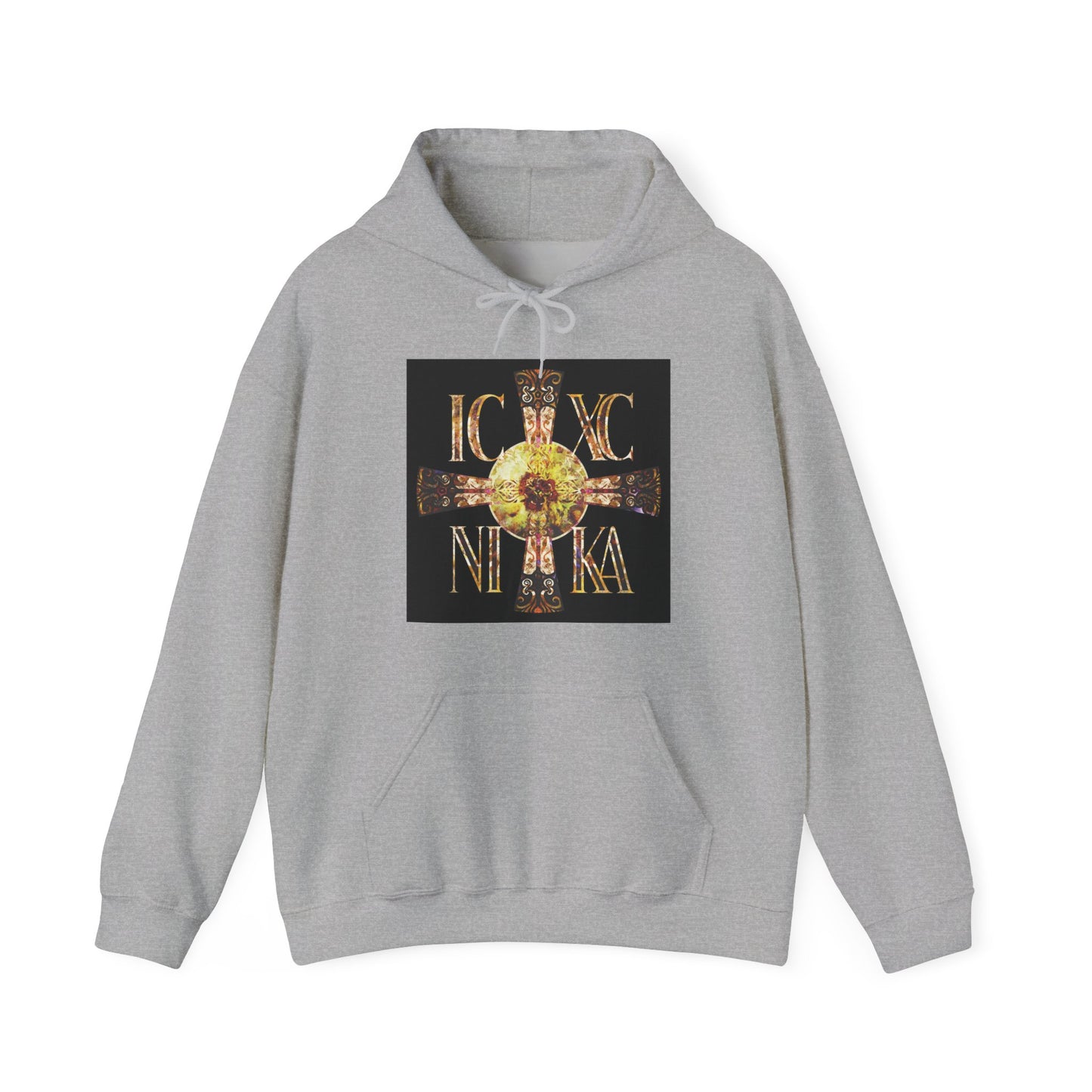 ICXC NIKA Celtic Style Equal Armed Cross | Bright Solar Texture | Orthodox Christian Hoodie