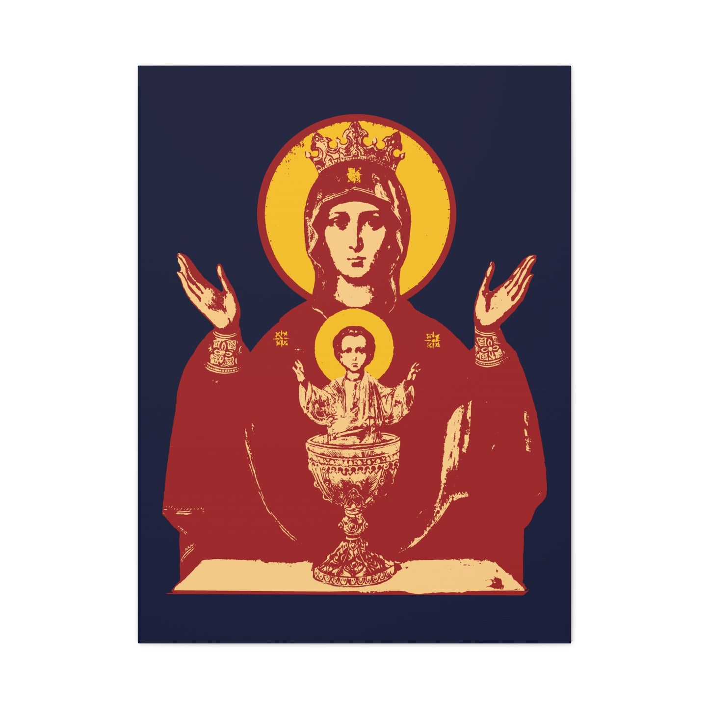 Holy Theotokos IconoGraphic of the Inexhaustible Chalice—Deliverer from Addictions and Conqueror of Passions—features the Mother of God with raised hands and Christ in a chalice. Orthodox Christian wall art on a dark background.