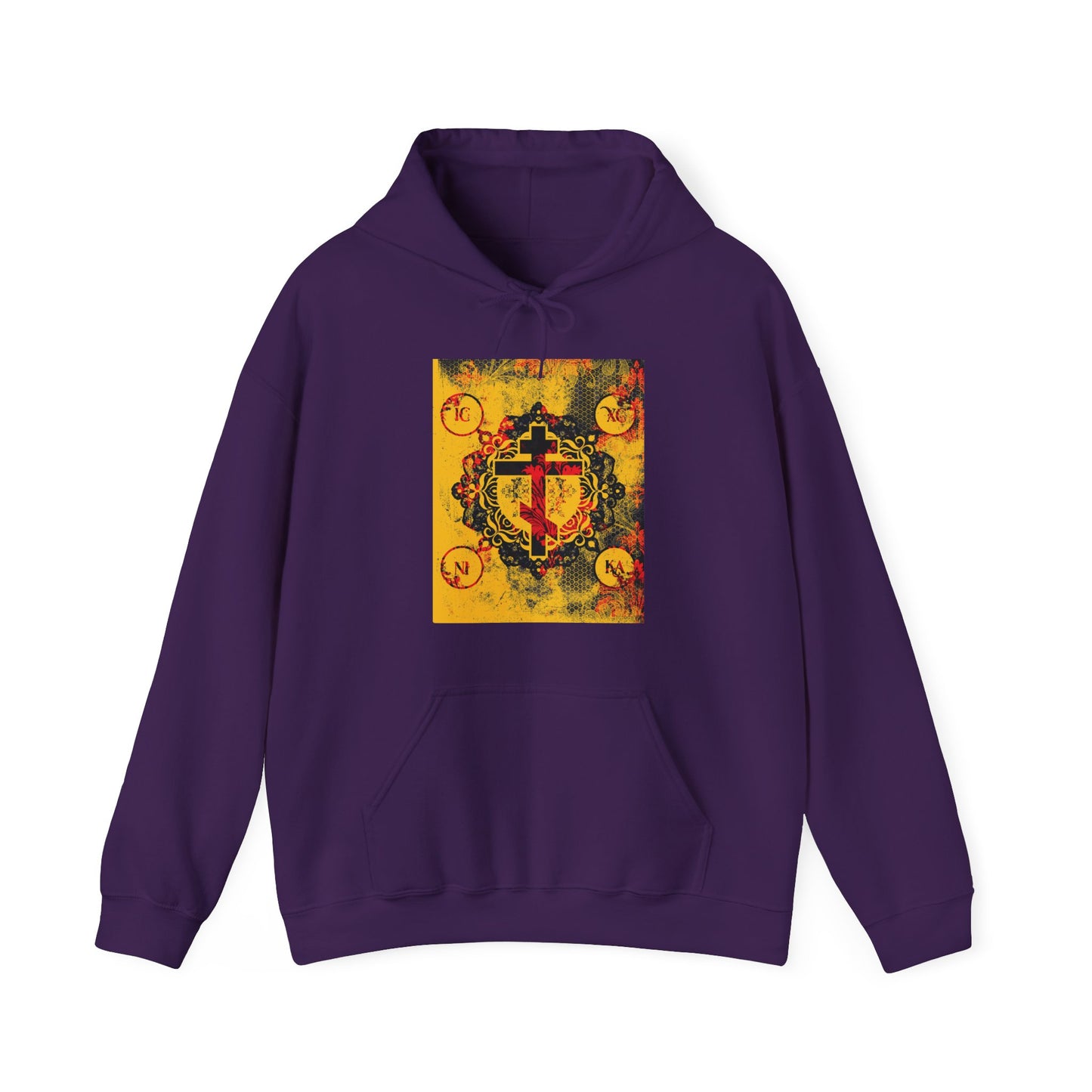 IC XC NIKA Orthodox Cross | Yellow & Red Modern & Medieval Textured Floral Design | Orthodox Christian Hoodie