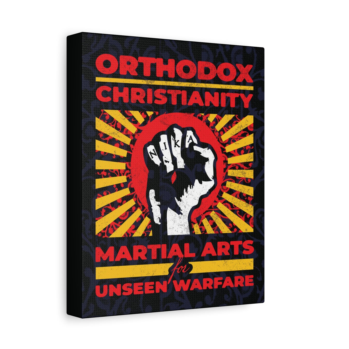 Orthodox Christianity: Martial Arts for Unseen Warfare | NIKA Jesus Fist on Colorful Sunburst Design | Orthodox Christian Canvas Art