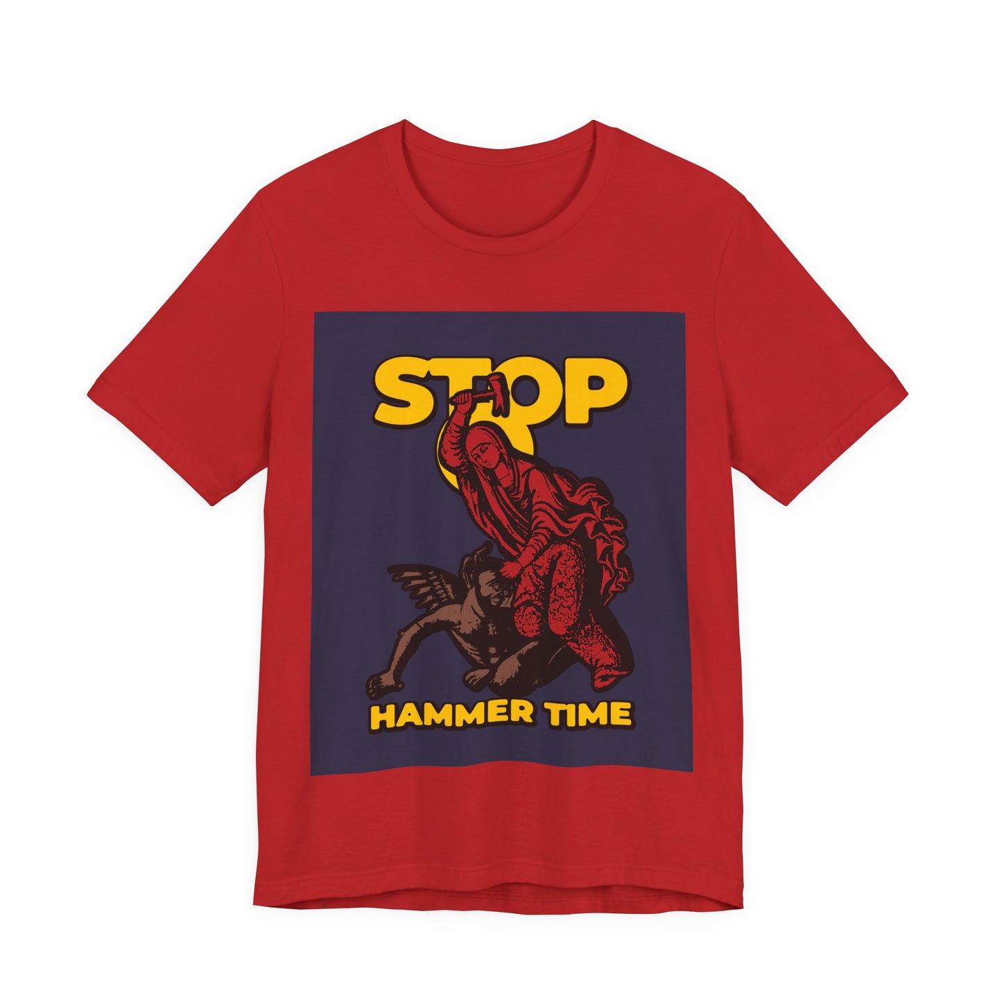 Red tee featuring St. Marina of Antioch beating the devil with a hammer and the phrase "Stop, Hammer Time"—a modern Orthodox meme in red, blue, and yellow. Christian unisex shirt for fans of saints or playful faith-inspired humor.