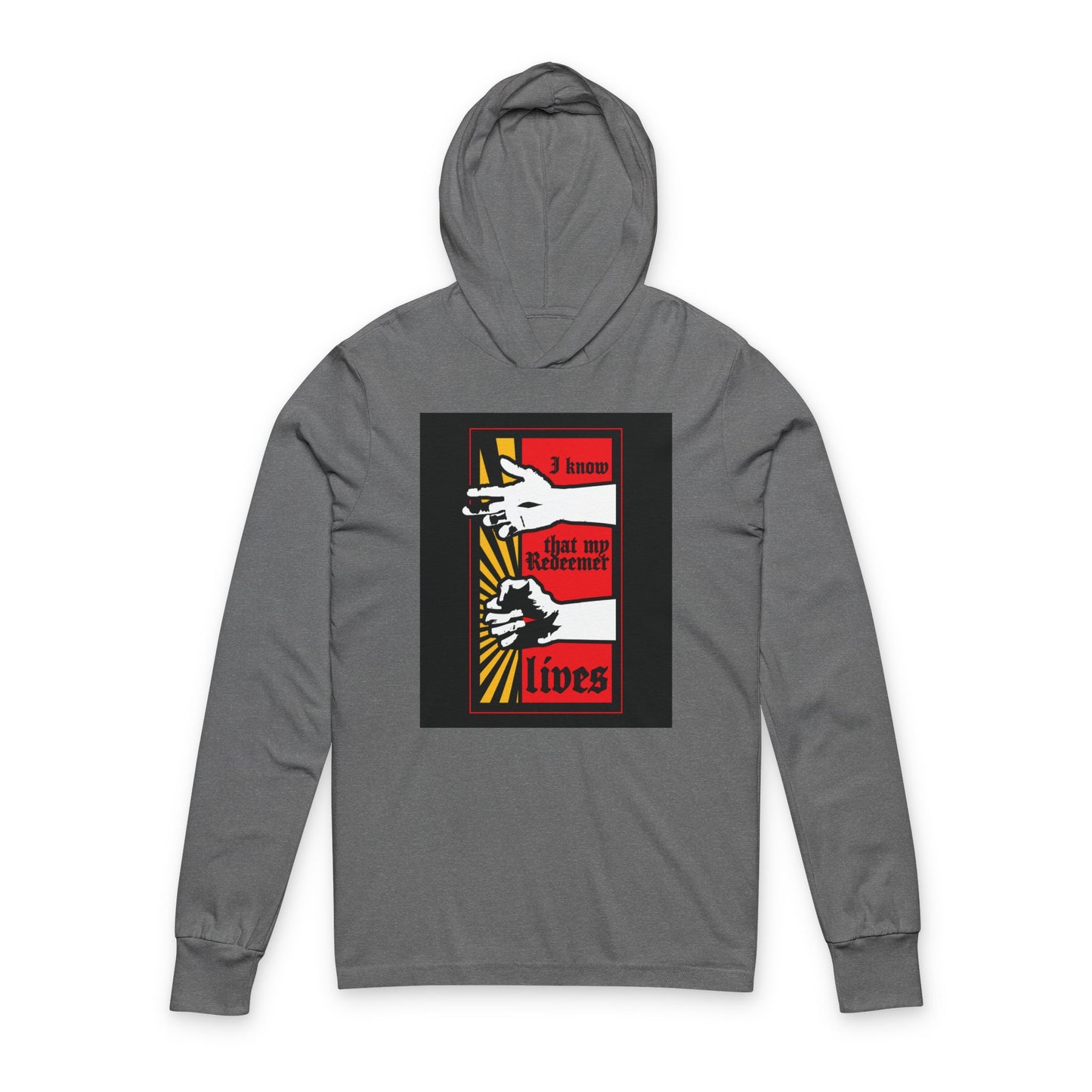 Grey TriBlend hoodie with a comic book style design: resurrected Jesus’s fist radiating divine power, plus the red and yellow text “I Know That My Redeemer Lives” (Job 19:25). Orthodox Christian hooded shirt.