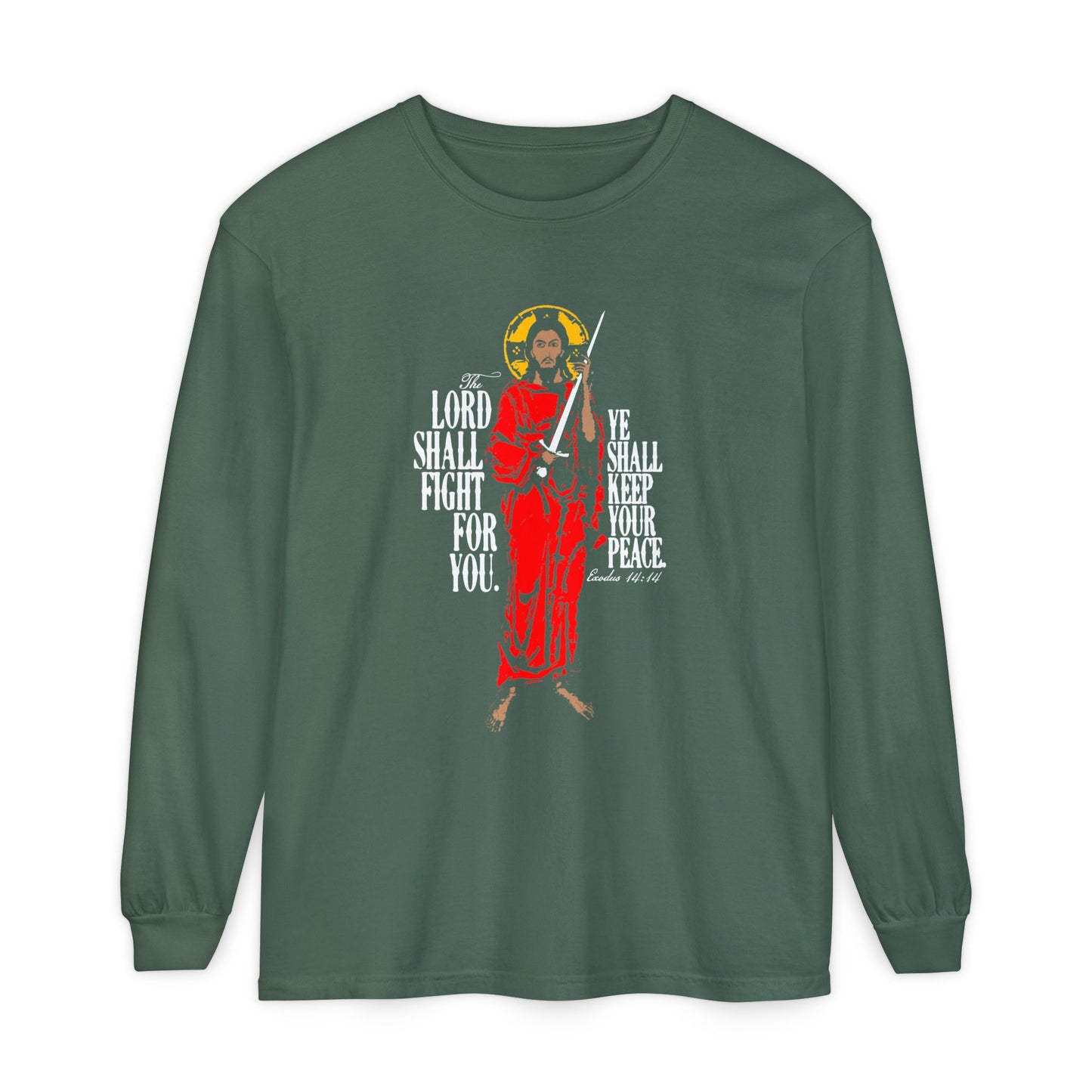 The Lord Shall Fight For You (Exodus 14:14) | Jesus Christ with Sword IconoGraphic | Orthodox Christian Long Sleeve Shirt