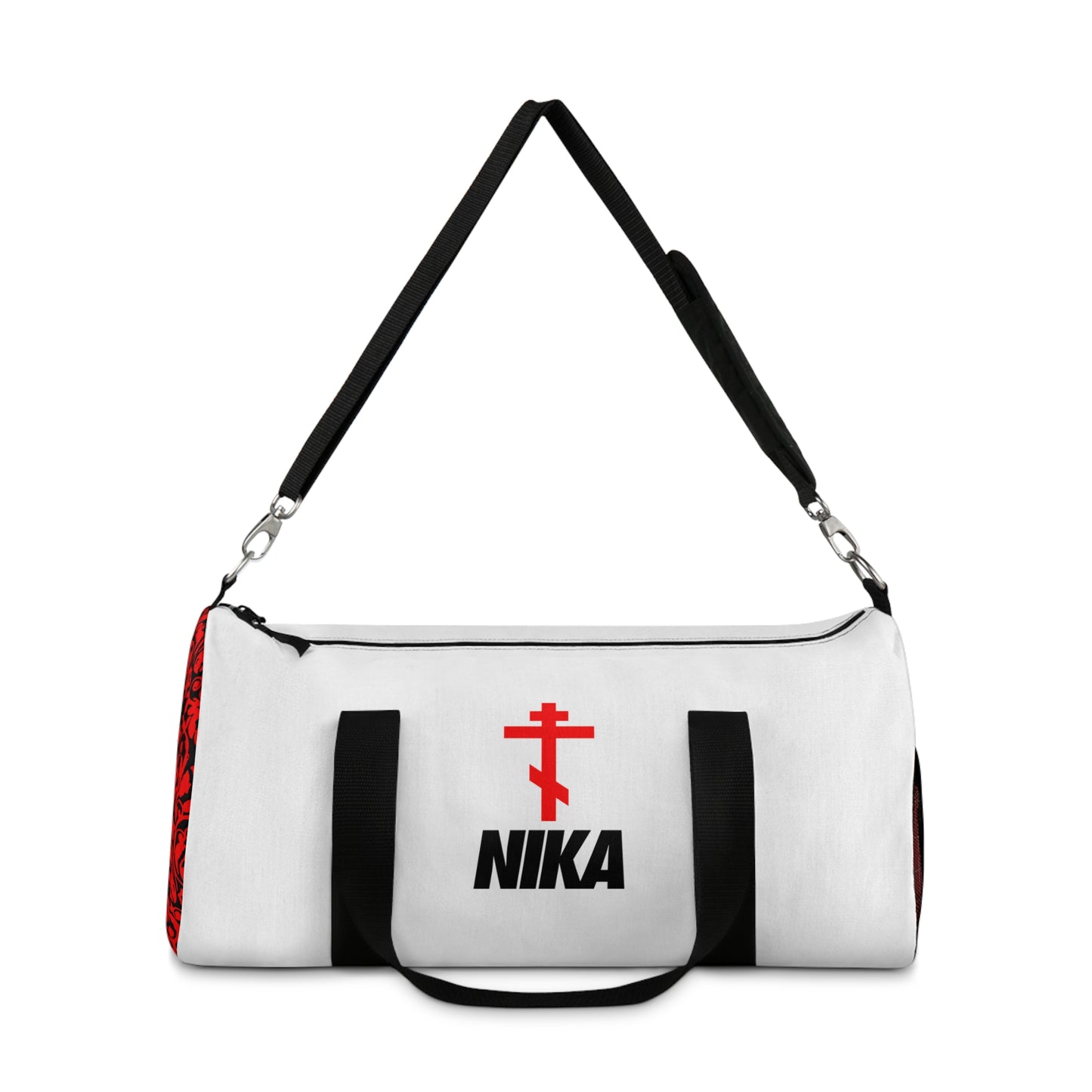 NIKA Red Orthodox Cross | White Bag | NIKE Logo Mashup | Minimalist Corporate Sports Logo Aesthetic | Orthodox Christian Gym Duffel Bag
