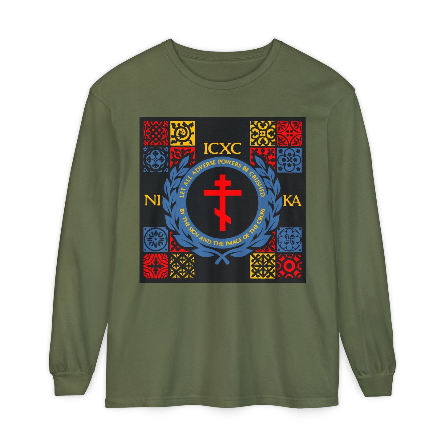 Let All Adverse Powers Be Crushed (Red, Yellow & Blue Design) | ICXC NIKA | Medieval Tile Design | Orthodox Christian Long Sleeve Shirt
