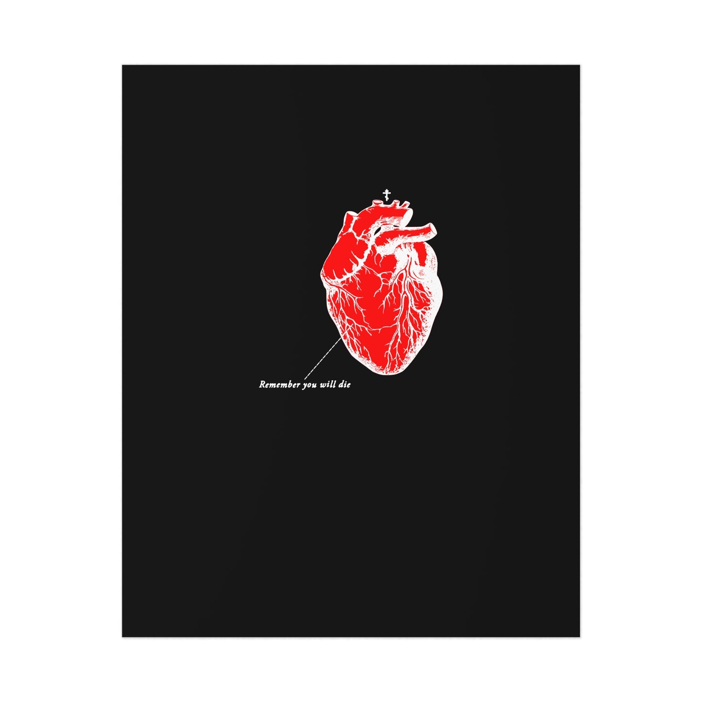 The Remember You Will Die | Retro Medical Textbook Heart Design | Inverted Shadows | Orthodox Christian Art Poster features a red anatomical heart on a black background with the phrase printed on white cardstock, crafted sustainably for an elegant reminder of lifes fleeting nature.