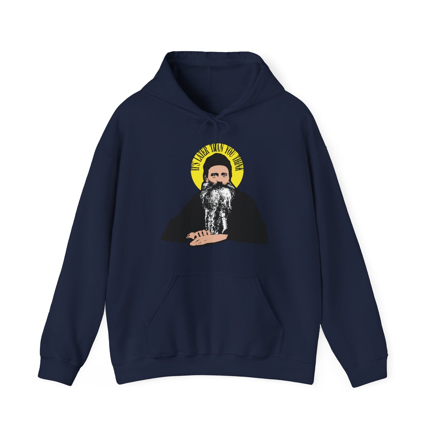Navy "It's Later Than You Think" hoodie features Fr. Seraphim Rose with a yellow halo and stylized text—a modern Orthodox Christian design inspired by this American saint.