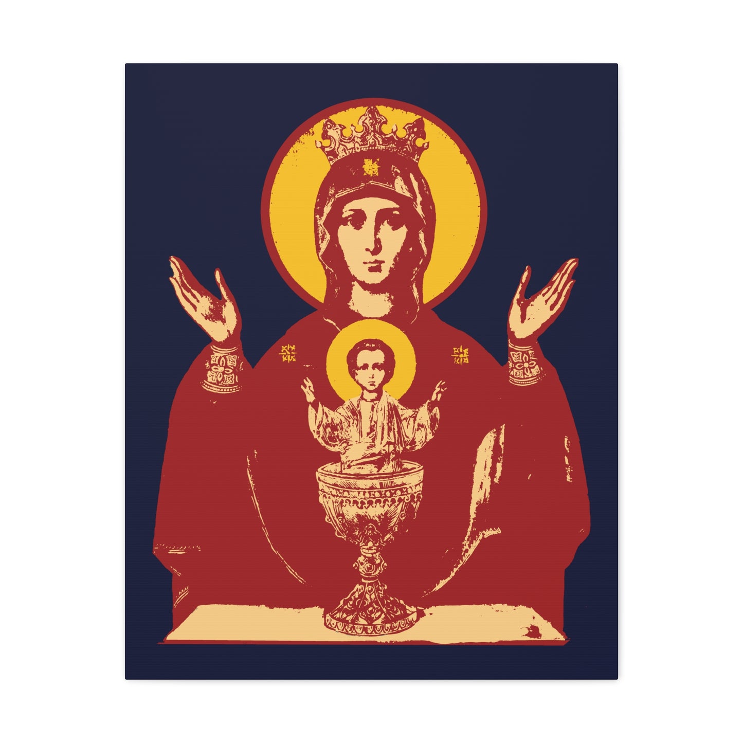 Holy Theotokos IconoGraphic of the Inexhaustible Chalice: crowned Mother of God raising hands, with Christ in a chalice—symbolizing deliverance from addictions and conquering passions. Orthodox Christian wall art on dark blue background.
