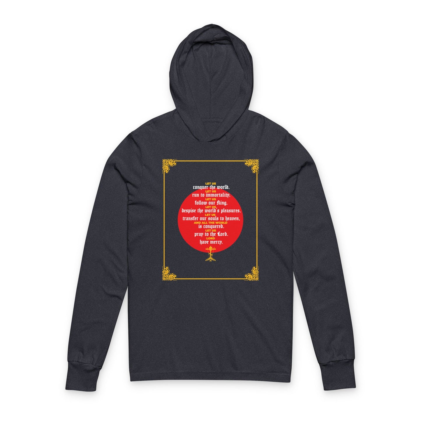 Heather navy hoodie featuring a red and gold ornate graphic inspired by St John Chrysostom, with white and red chest text reading "Let Us Conquer the World, Let Us Run To Immortality.