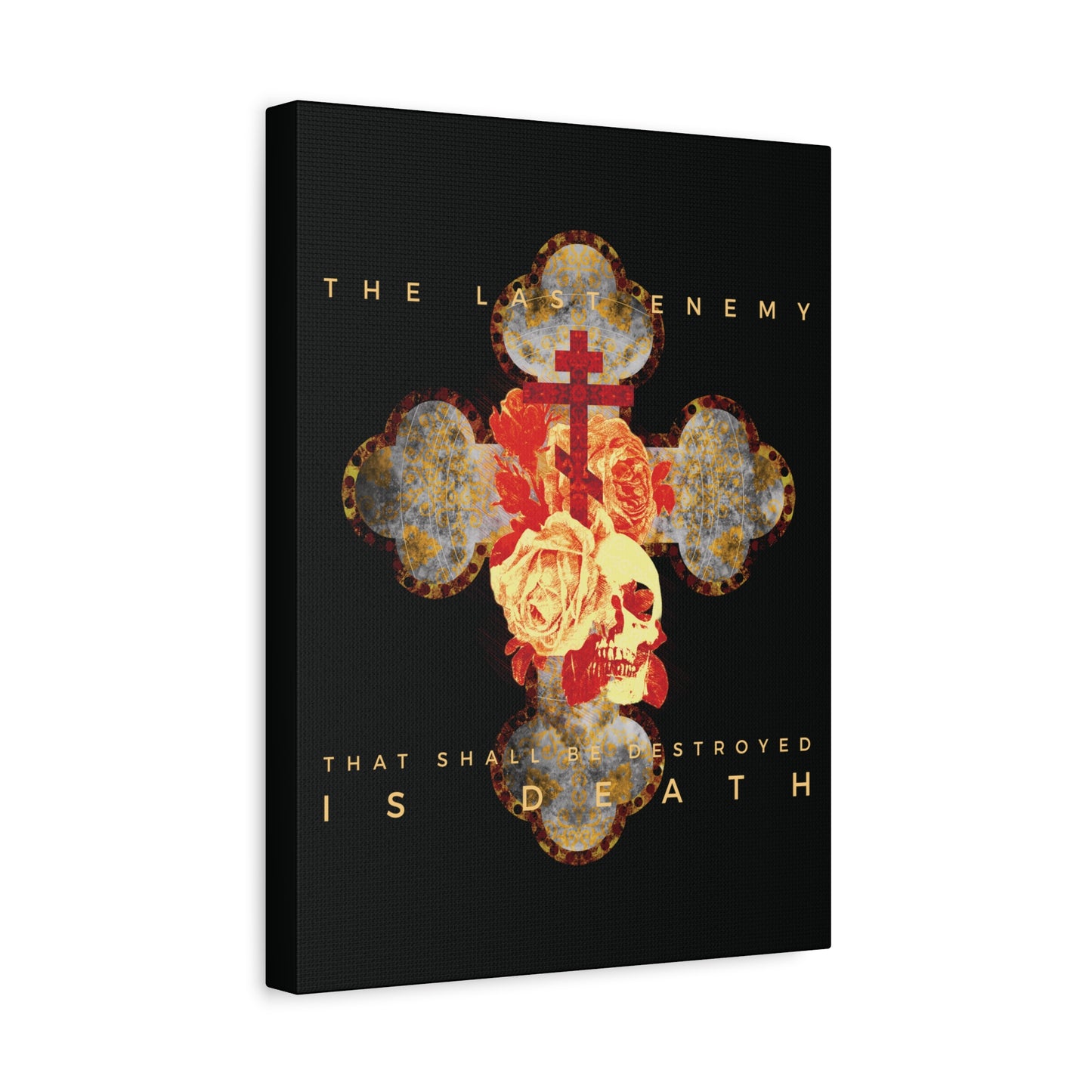 Remembrance of Death "The Final Enemy That Shall Be Destroyed Is Death" canvas features a metallic gothic cross, rose, and skull on black, with 1 Cor 15:26 text, symbolizing resurrection in striking Orthodox Christian wall art.