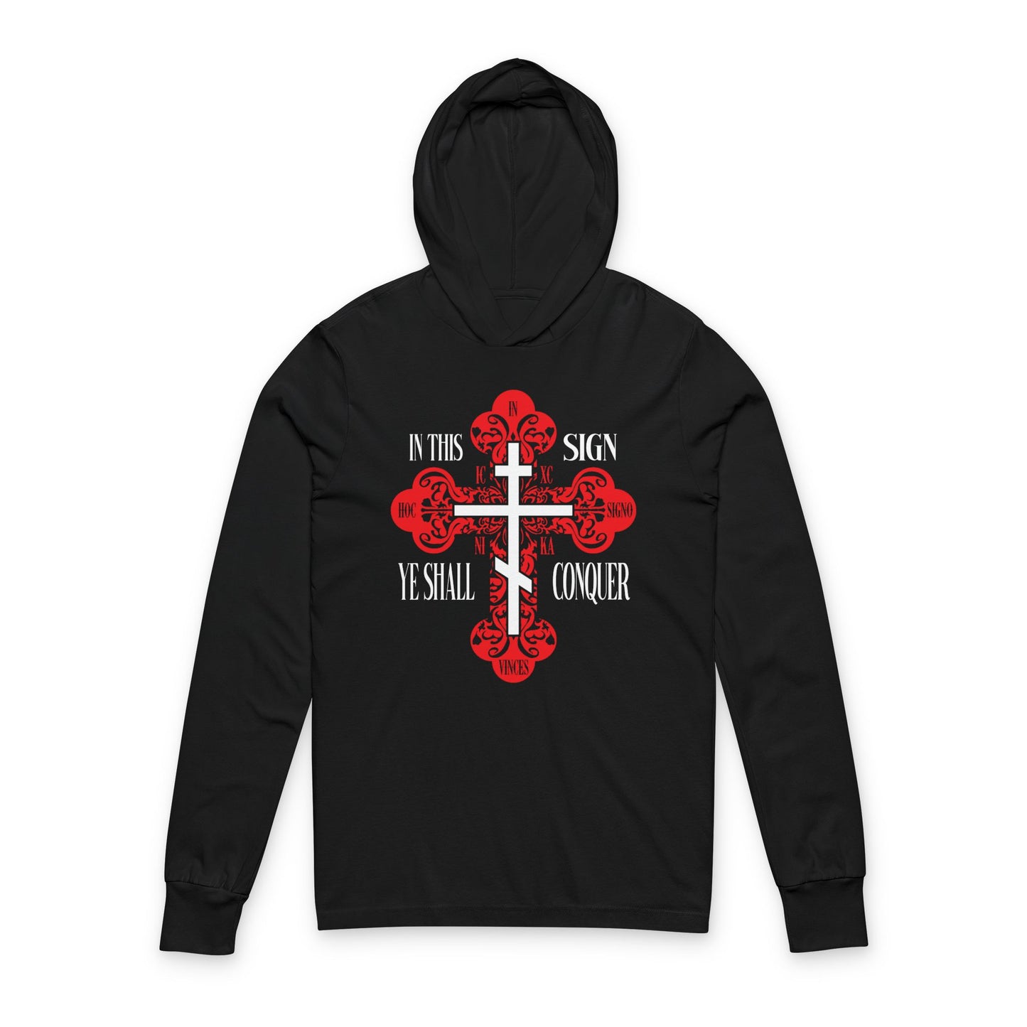 Black hoodie featuring a red ornate Orthodox cross with the phrases "In This Sign Ye Shall Conquer," "ICXC NIKA," and "Jesus Christ Conquers"—a bold Christian hooded shirt expressing faith and victory.