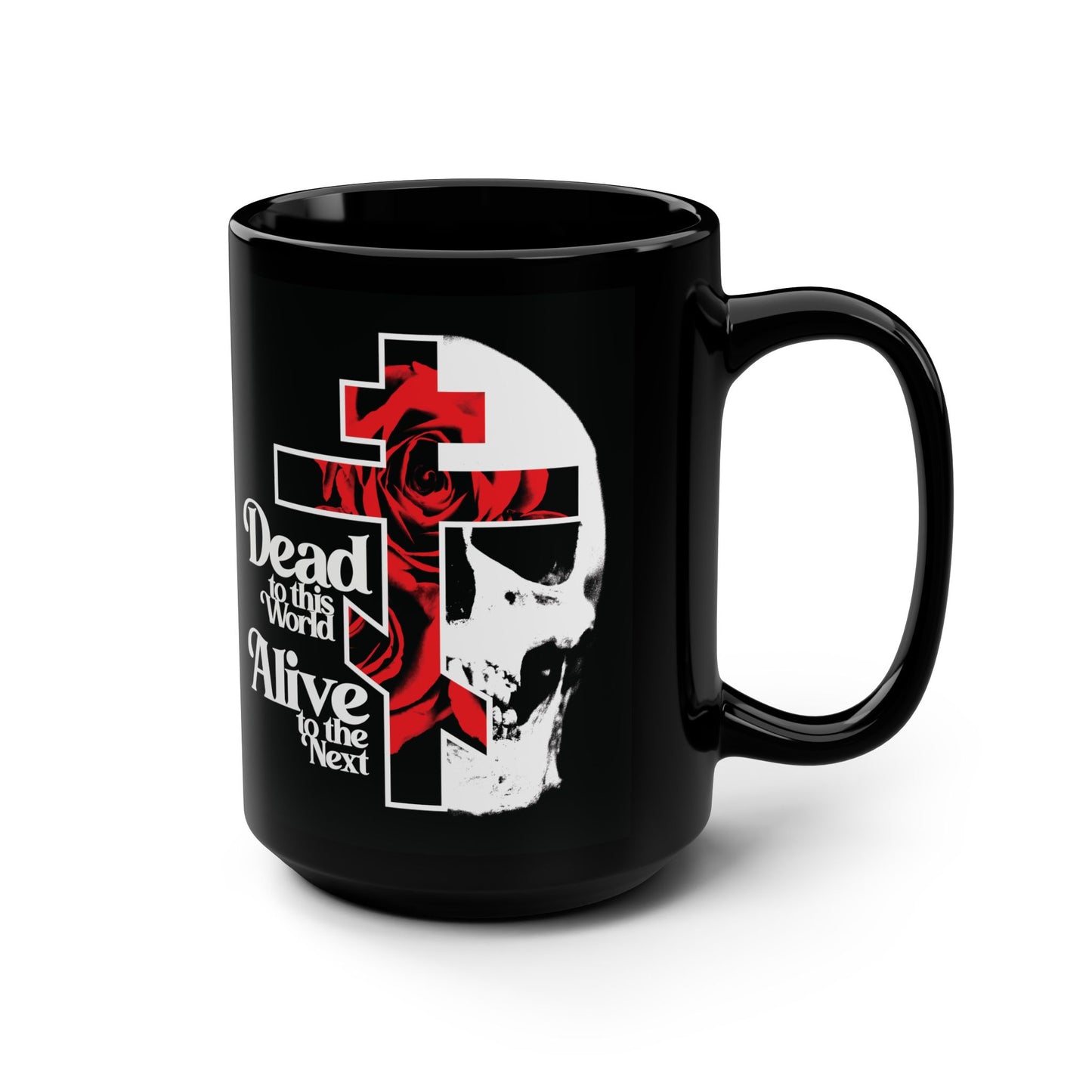 Dead to this World Alive to the Next | Goth Aesthetic Flower Cross & Skull | Orthodox Christian Black Mug