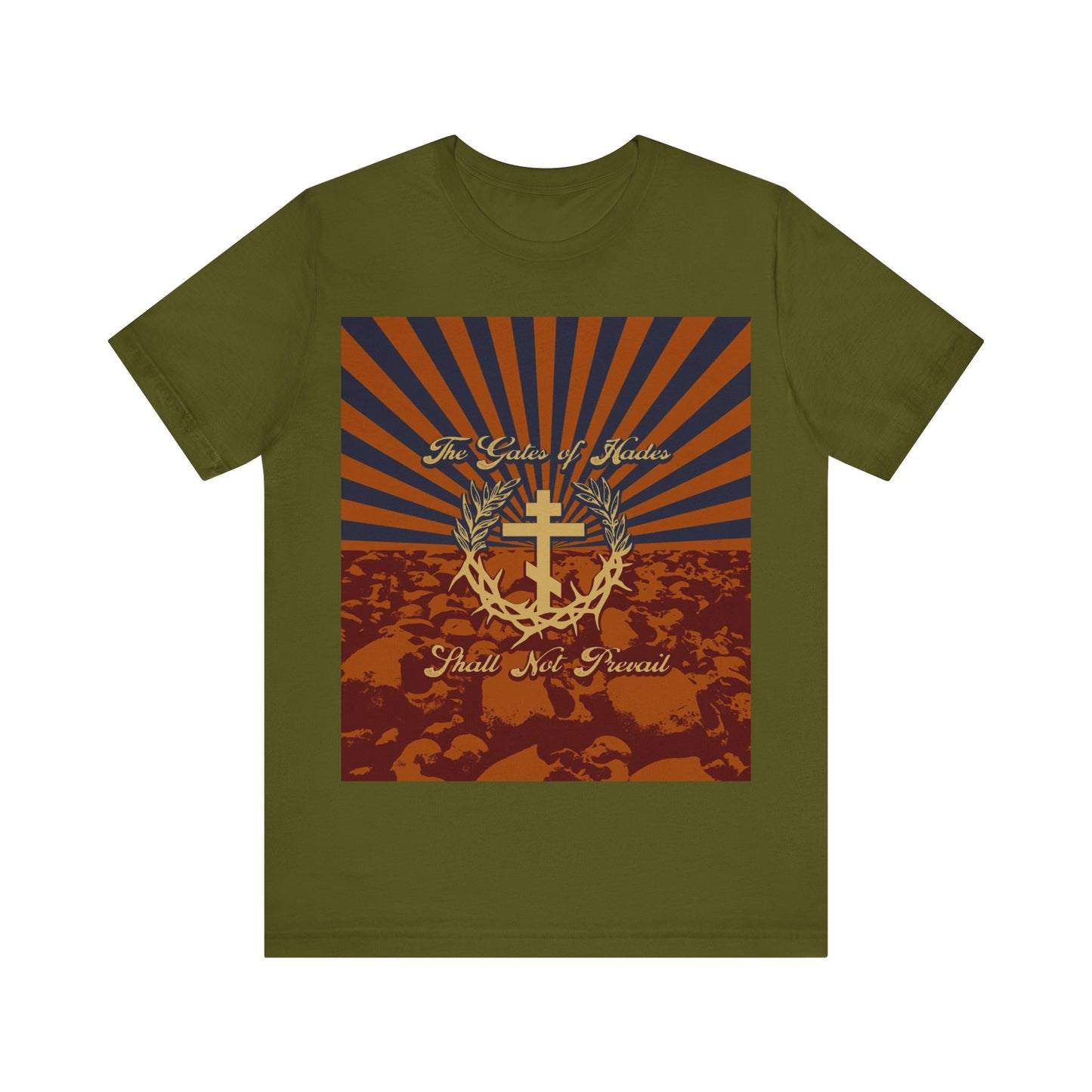 The Gates of Hades Shall Not Prevail | Cross with Wreath & Crown of Thorns | Skulls and Rays | Orthodox Christian T-Shirt