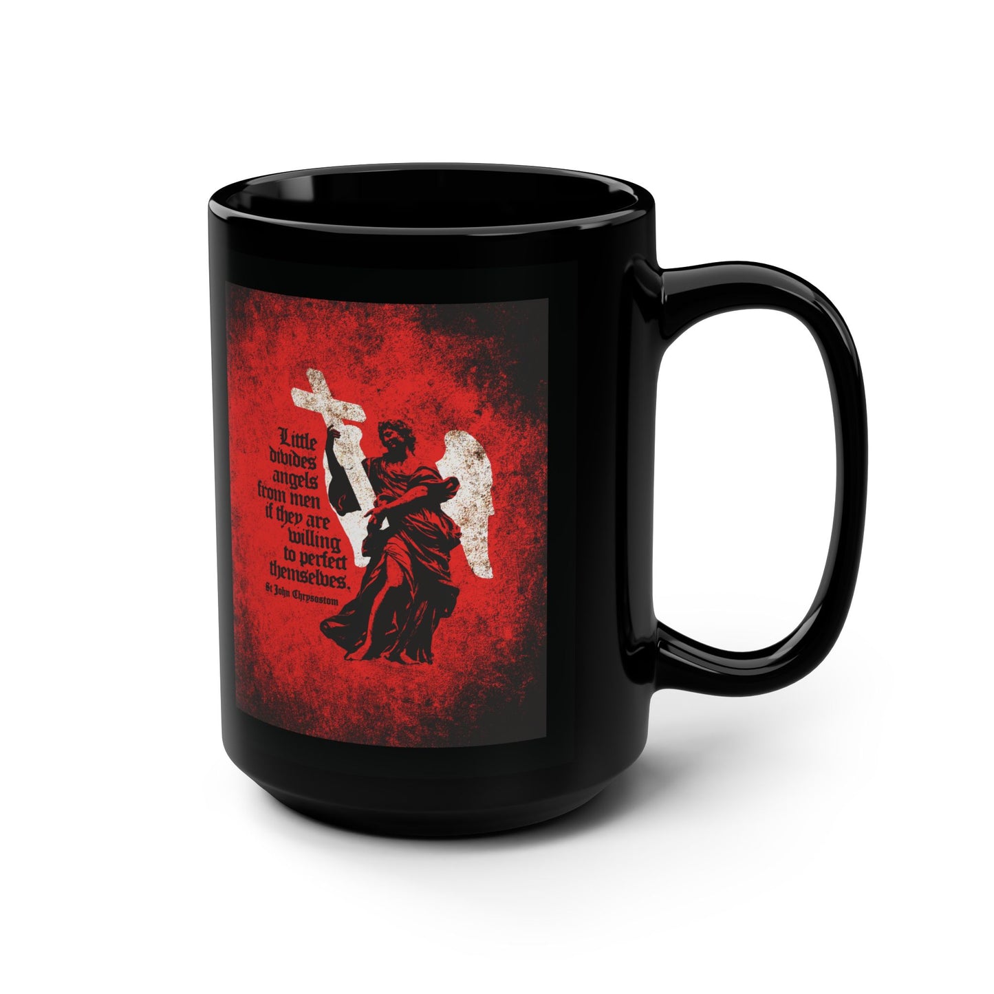 Little Divides Angels from Men | Christian Perfection | St John Chrysostom | Textured Cemetery Angel | Orthodox Christian Black Mug