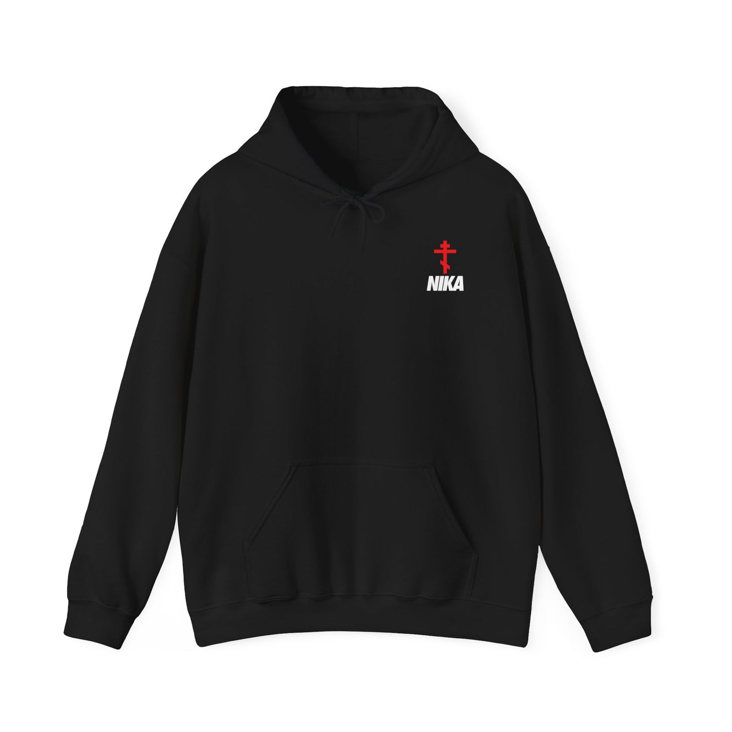 NIKA Red Russian Cross White Text (Small Design) | NIKE Logo Mashup | Minimalist Corporate Sports Logo Aesthetic | Orthodox Christian Hoodie / Hooded Sweatshirt-Black-S-Remembrance of Death