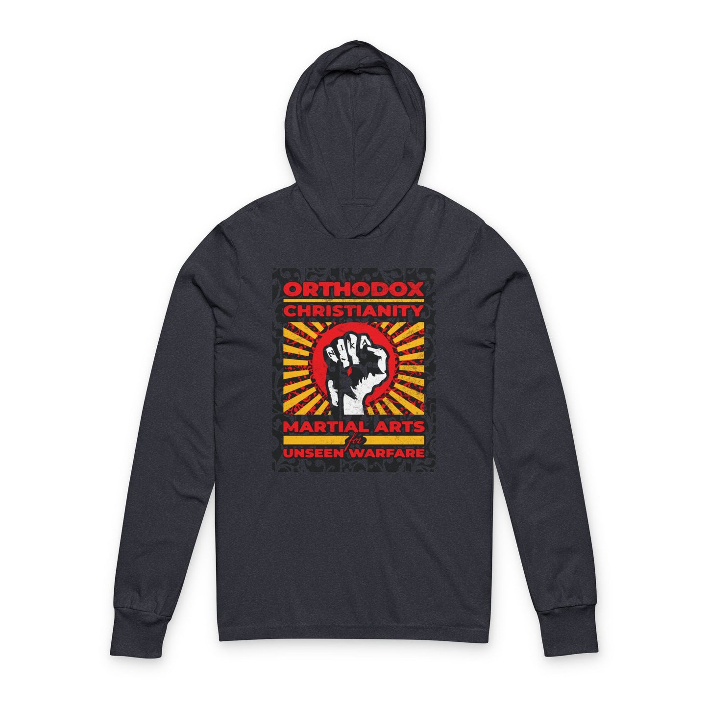 Orthodox Christianity: Martial Arts for Unseen Warfare | NIKA Jesus Fist on Colorful Sunburst Design | Orthodox Long Sleeve Hooded Shirt