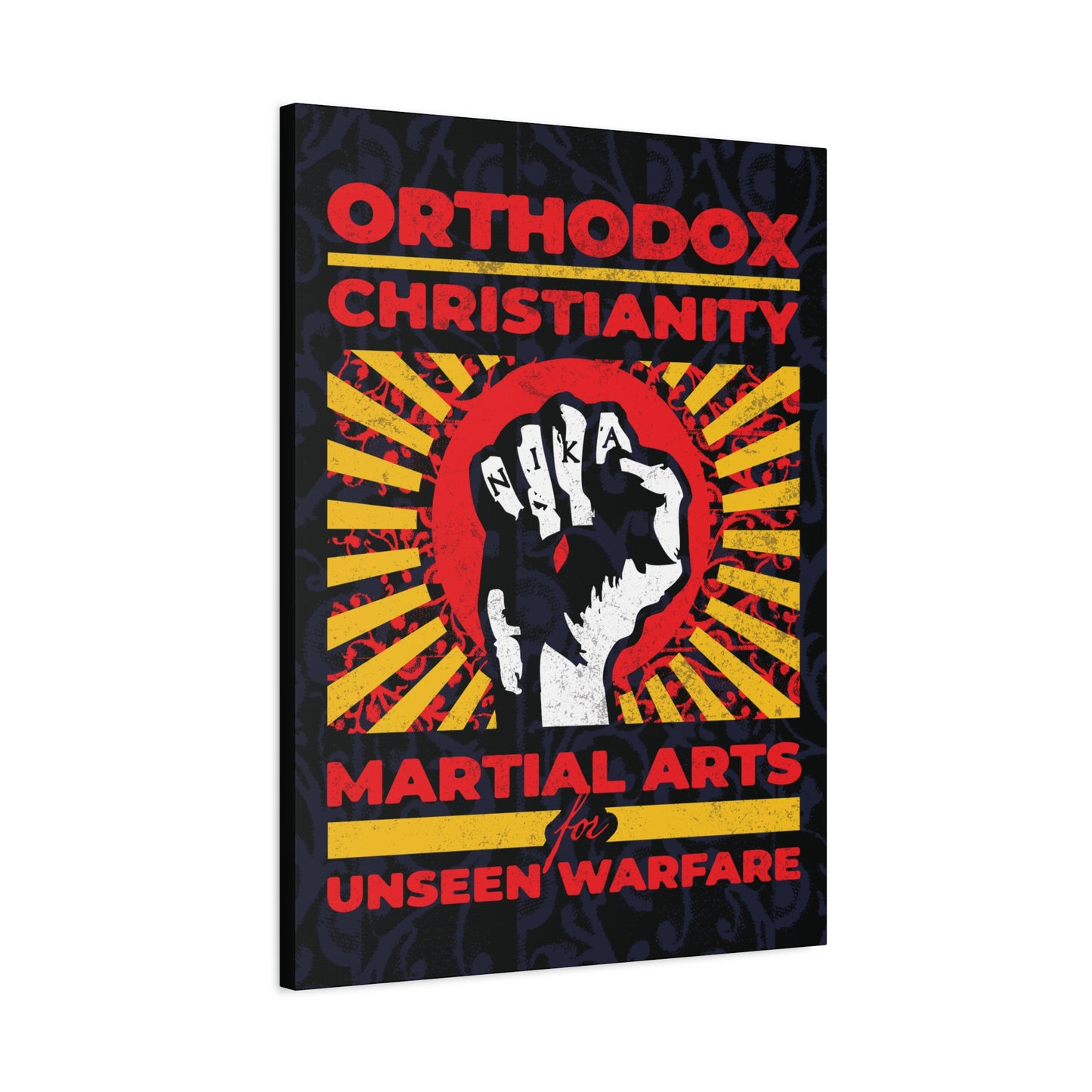 Orthodox Christianity: Martial Arts for Unseen Warfare | NIKA Jesus Fist on Colorful Sunburst Design | Orthodox Christian Canvas Art