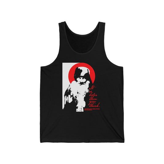 The Remembrance of Death “It's Later Than You Think” tank top features Fr Seraphim Rose in black and white, a bold red circle, and striking red text—a high-contrast Christian design inspired by modern Orthodox saints.