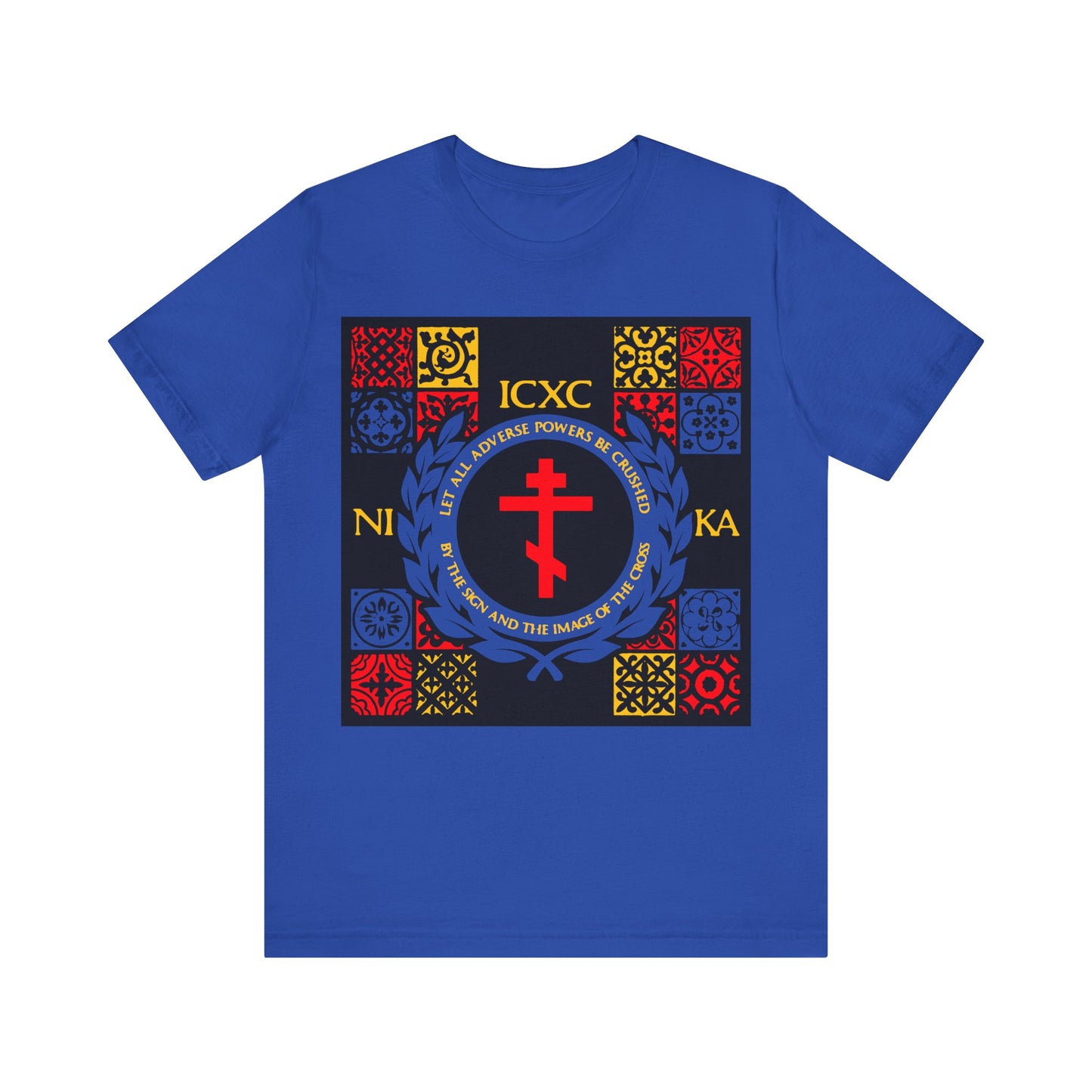 Let All Adverse Powers Be Crushed (Red, Yellow & Blue Design) | ICXC NIKA | Medieval Tile Design | Orthodox Christian T-Shirt