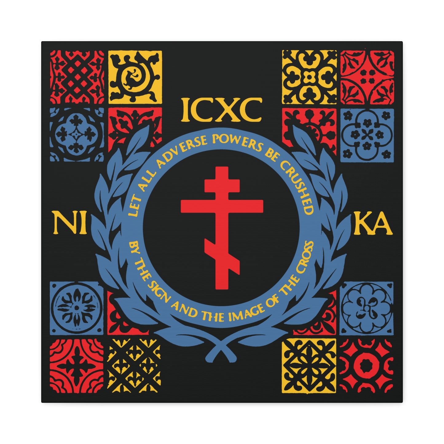 Let All Adverse Powers Be Crushed (Red, Yellow & Blue Design) | ICXC NIKA | Medieval Tile Design | Orthodox Christian Canvas Art
