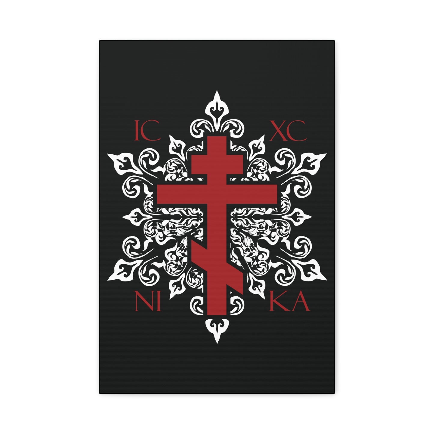 ICXC / NIKA Red Orthodox Cross on Ornate White Medieval Floral Design | Exclusive Best-Selling | Orthodox Christian Canvas Art