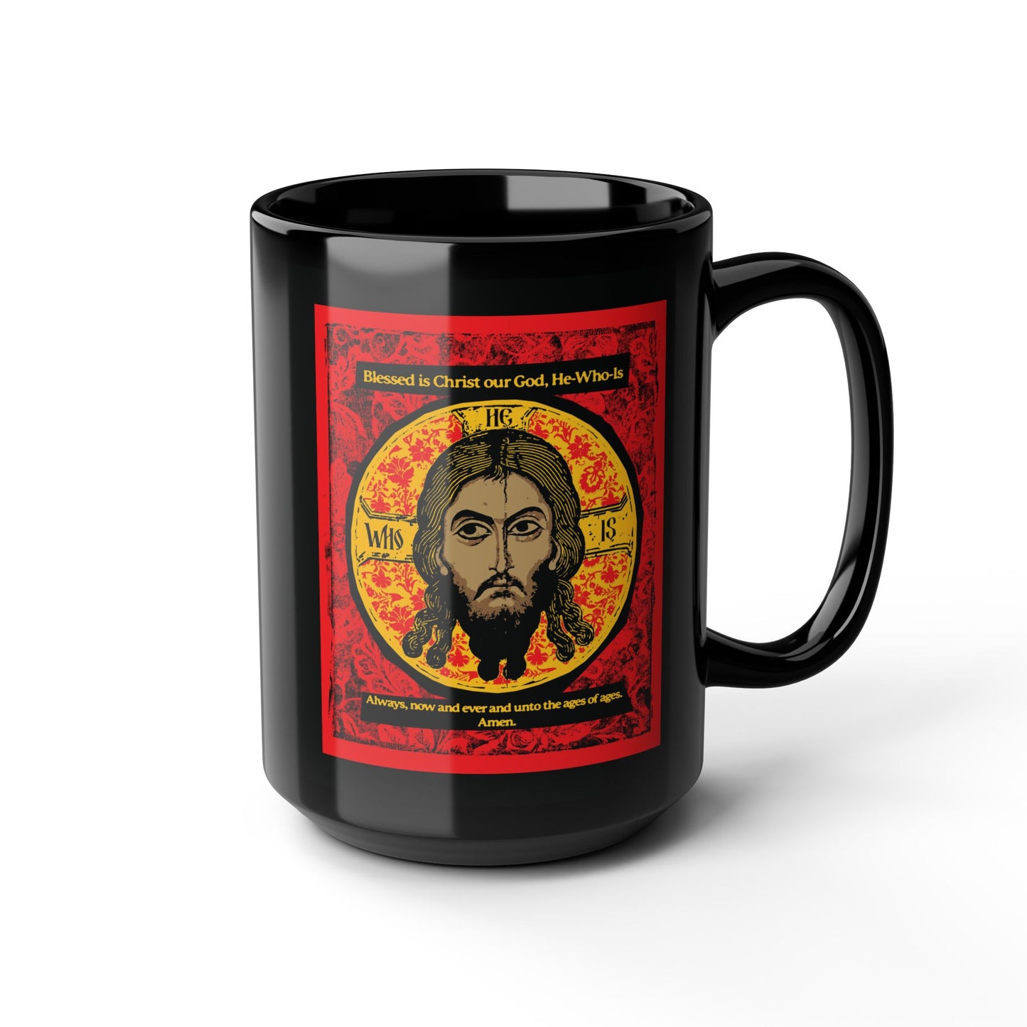 The Remembrance of Death "Made Without Hands" black ceramic mug features a bold Orthodox icon of Jesus Christ in red, black, and yellow—perfect to pair with your favorite Troparion t-shirt.