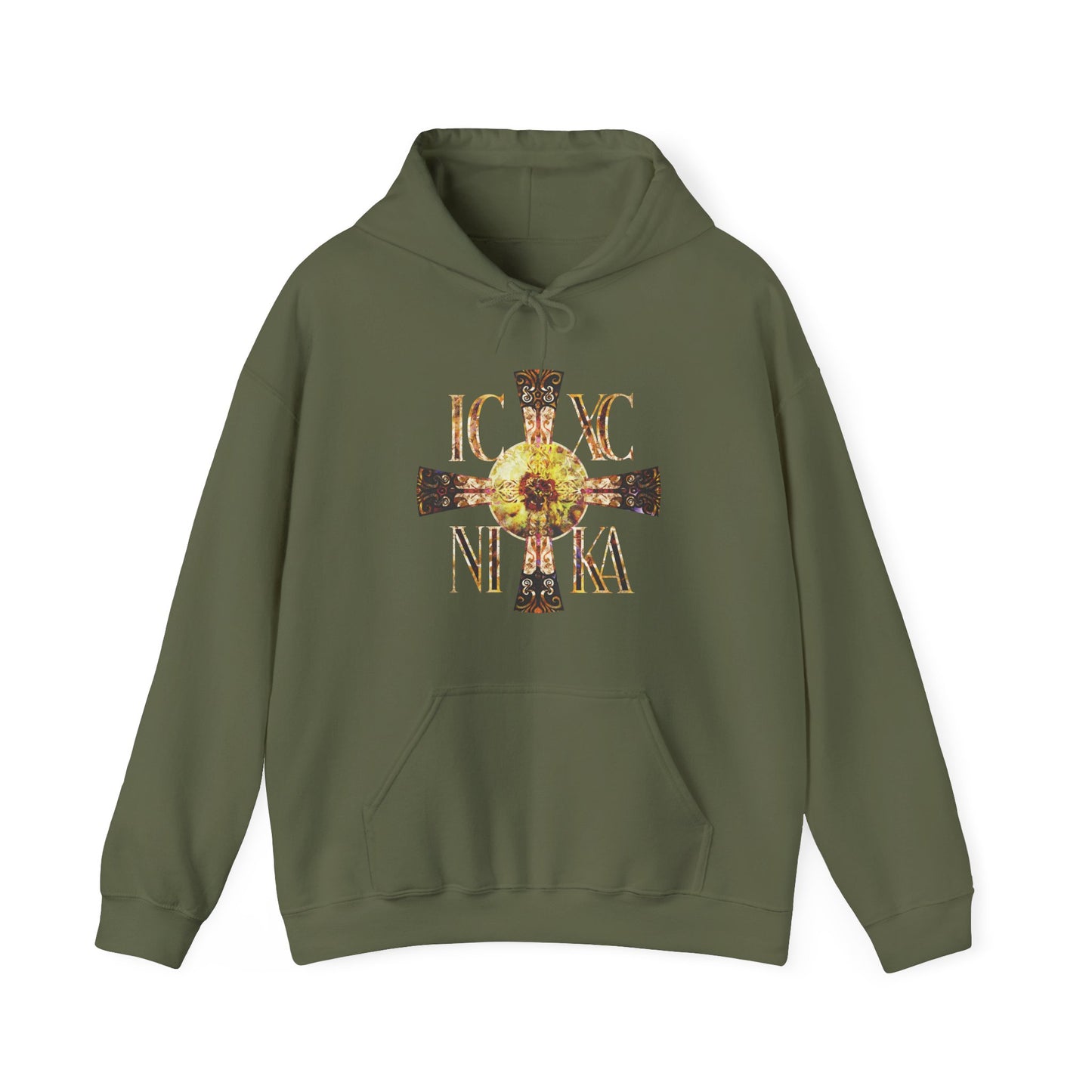 ICXC NIKA Celtic Style Equal Armed Cross | Bright Solar Texture | Orthodox Christian Hoodie