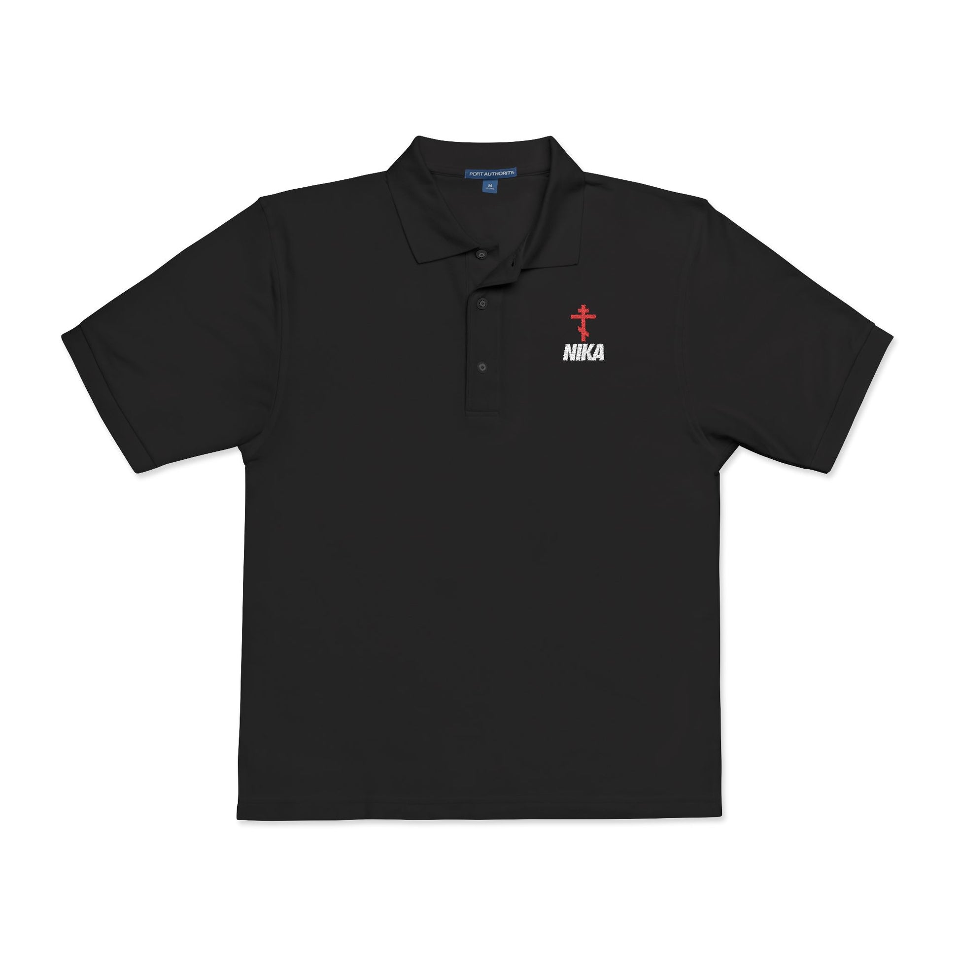 This black polo features an embroidered red Orthodox cross with white "NIKA" text in a Nike-inspired design—Christian athletic ascetic fashion symbolizing "Jesus Christ Conquers" and encouraging mindful reflection.