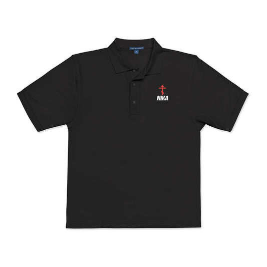This black polo features an embroidered red Orthodox cross with white "NIKA" text in a Nike-inspired design—Christian athletic ascetic fashion symbolizing "Jesus Christ Conquers" and encouraging mindful reflection.