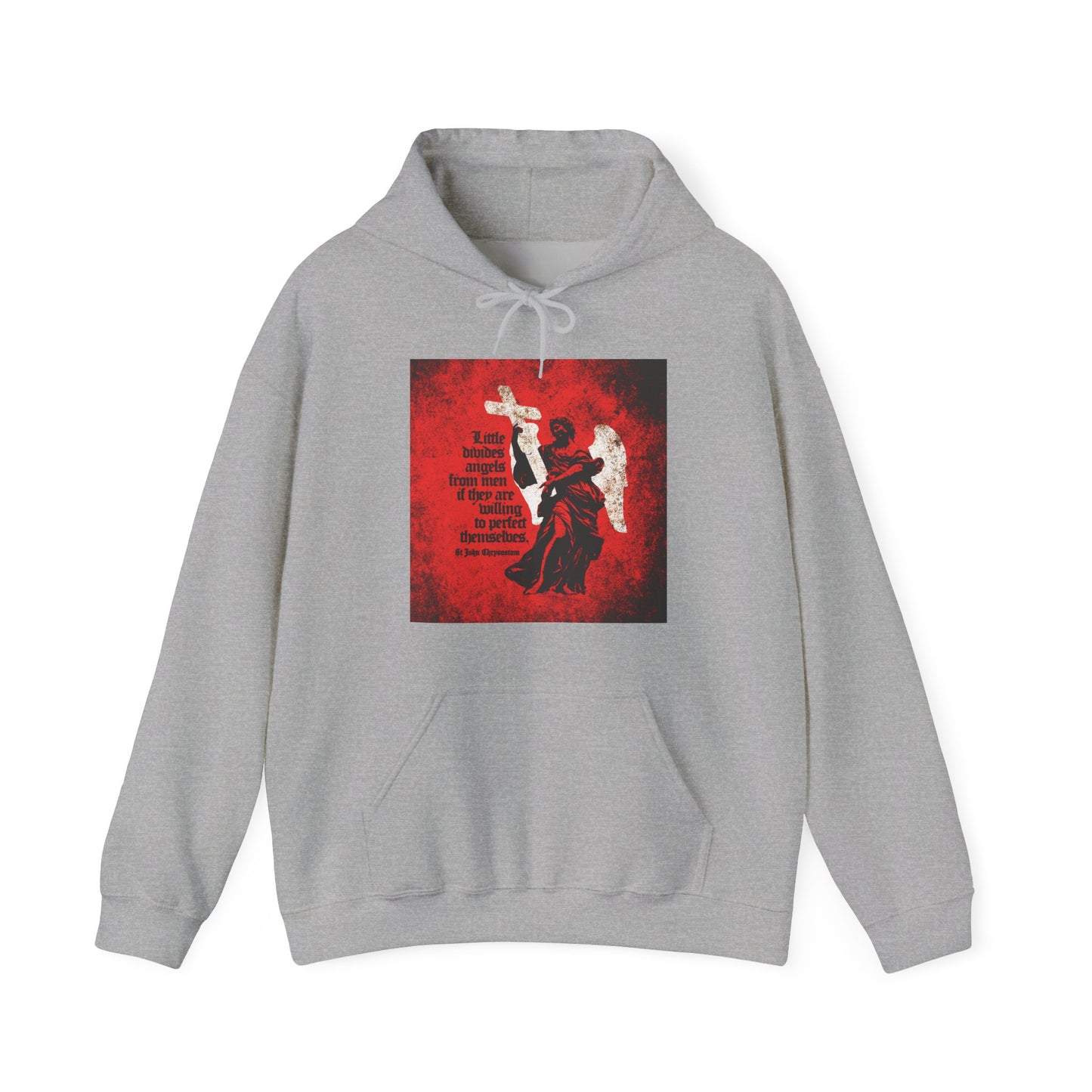 Sport Grey hoodie featuring a red and black textured cemetery angel graphic and the quote "Little Divides Angels from Men | Christian Perfection" by St John Chrysostom on the front. Orthodox Christian design.
