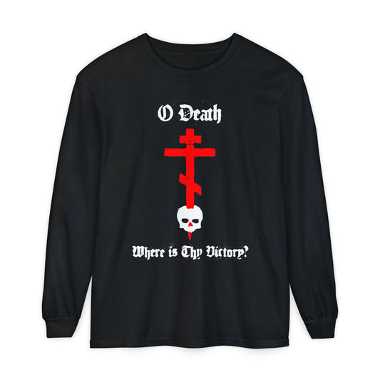 O Death Where is Thy Victory? 1 Cor 15:55 | Cross Stabbing Skull | Spraypaint Aesthetic | Orthodox Christian Long Sleeve Shirt