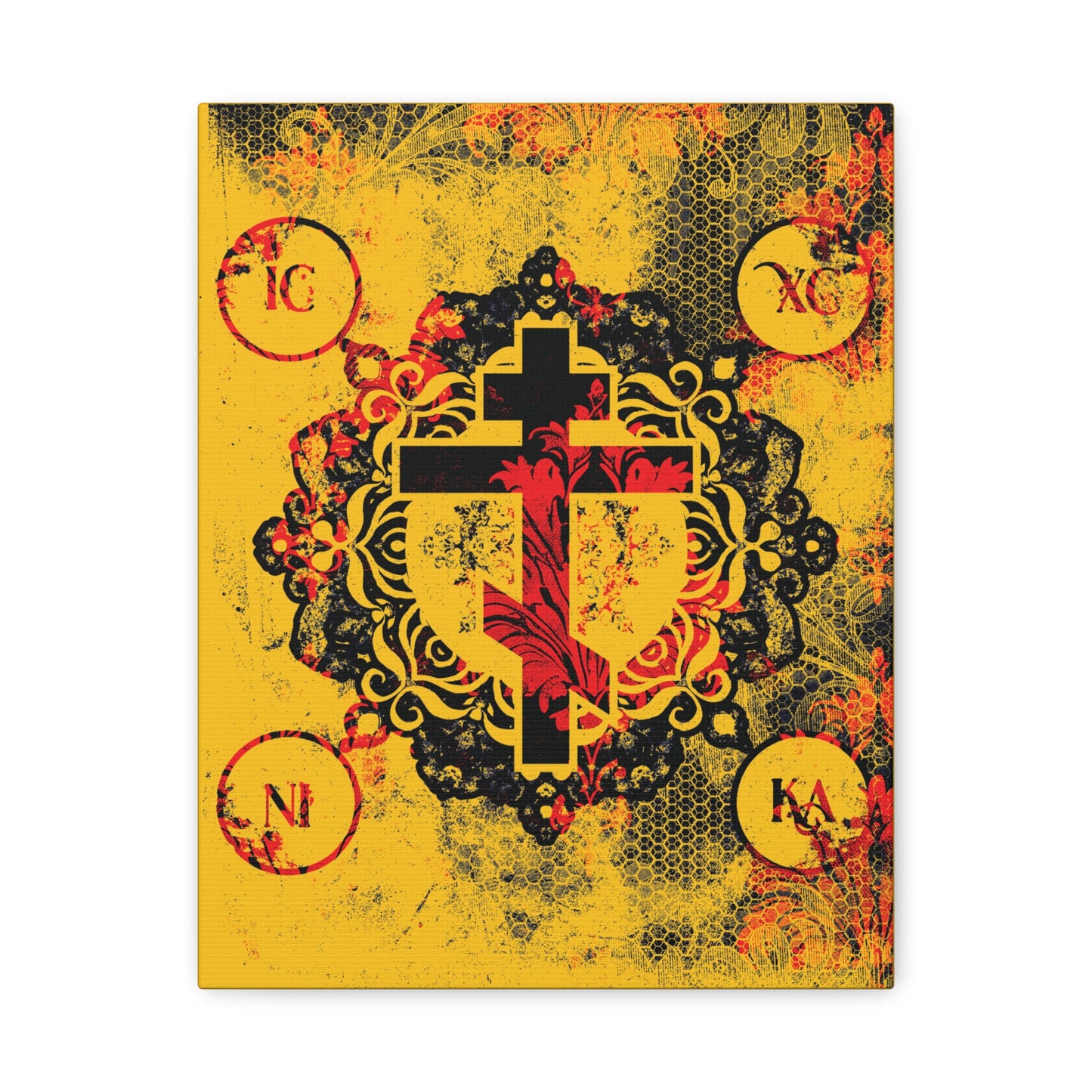IC XC NIKA Orthodox Cross | Yellow & Red Modern & Medieval Textured Floral Design | Orthodox Christian Canvas Art