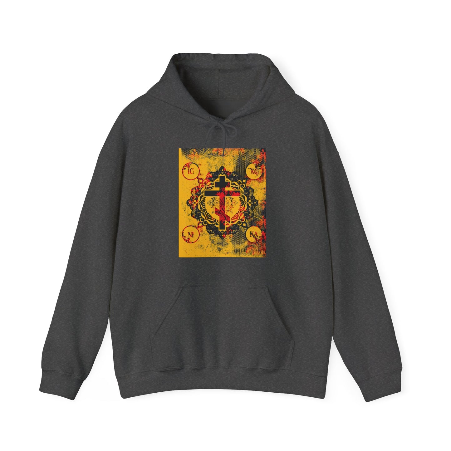 IC XC NIKA Orthodox Cross | Yellow & Red Modern & Medieval Textured Floral Design | Orthodox Christian Hoodie