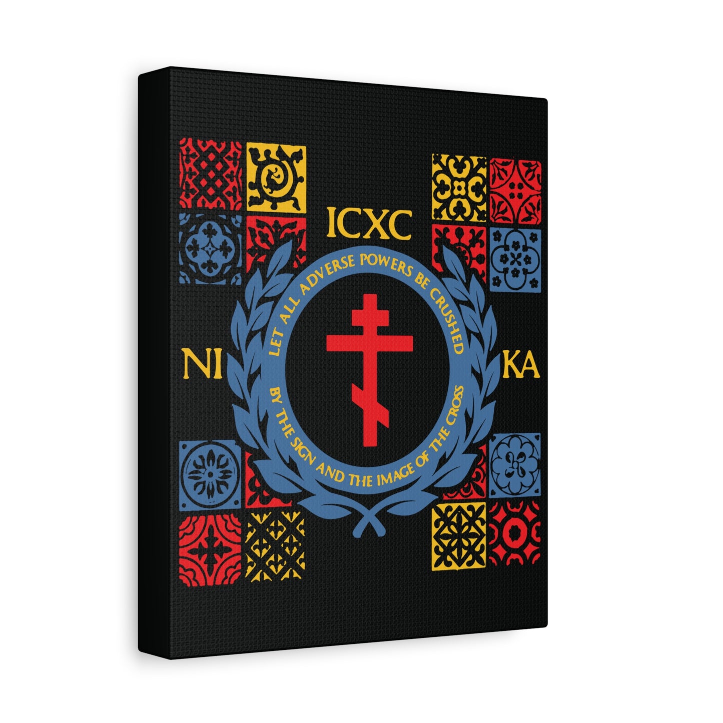 Let All Adverse Powers Be Crushed (Red, Yellow & Blue Design) | ICXC NIKA | Medieval Tile Design | Orthodox Christian Canvas Art