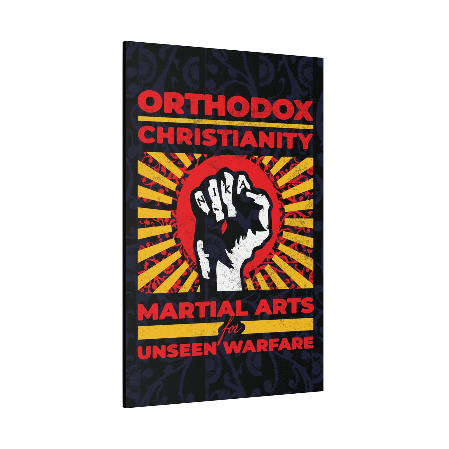 Orthodox Christianity: Martial Arts for Unseen Warfare | NIKA Jesus Fist on Colorful Sunburst Design | Orthodox Christian Canvas Art