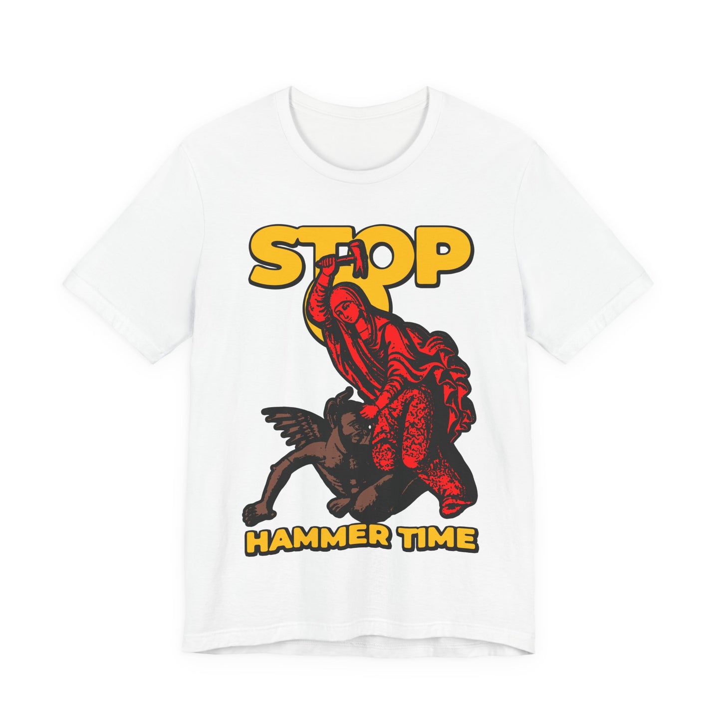St Marina of Antioch Beating the Devil with a Hammer | Stop, Hammer Time: This Christian unisex tee features a red figure on a black horse inspired by St. Marina, with bold modern Orthodox meme art in red, blue, and yellow.