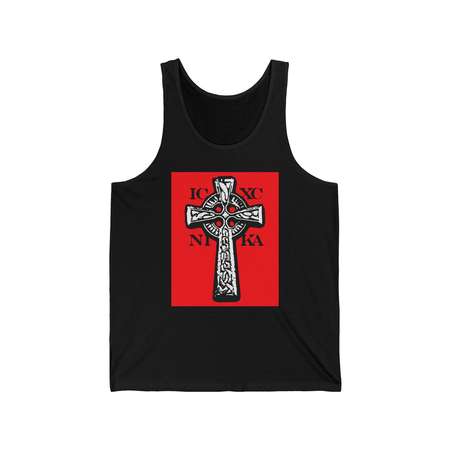 Black tank top featuring the ICXC NIKA Celtic Knotwork Cross in black and white on a red background, symbolizing “Jesus Christ Conquers” in Orthodox tradition.
