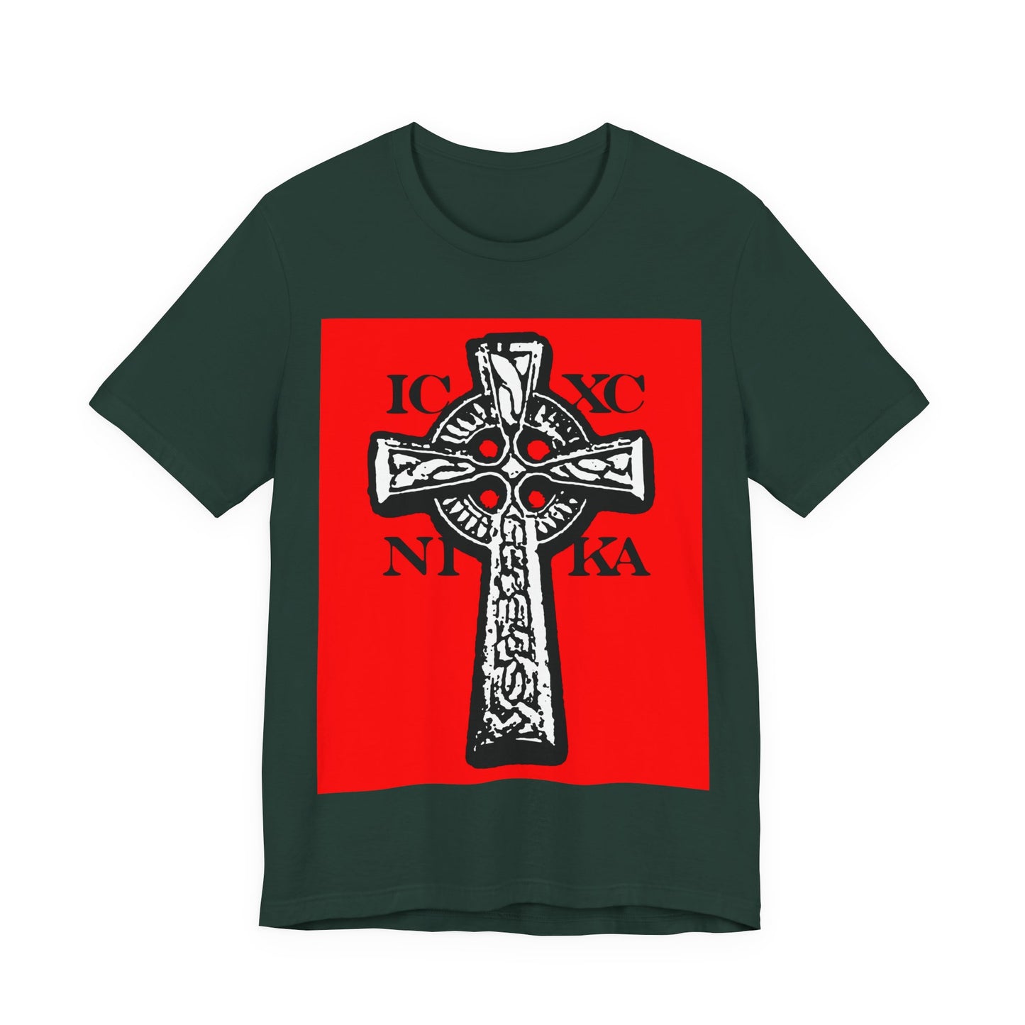 Forest green t-shirt featuring the ICXC NIKA Celtic Knotwork Cross in black and white on a bold red background, symbolizing "Jesus Christ Conquers"; a traditional Orthodox Christian design.