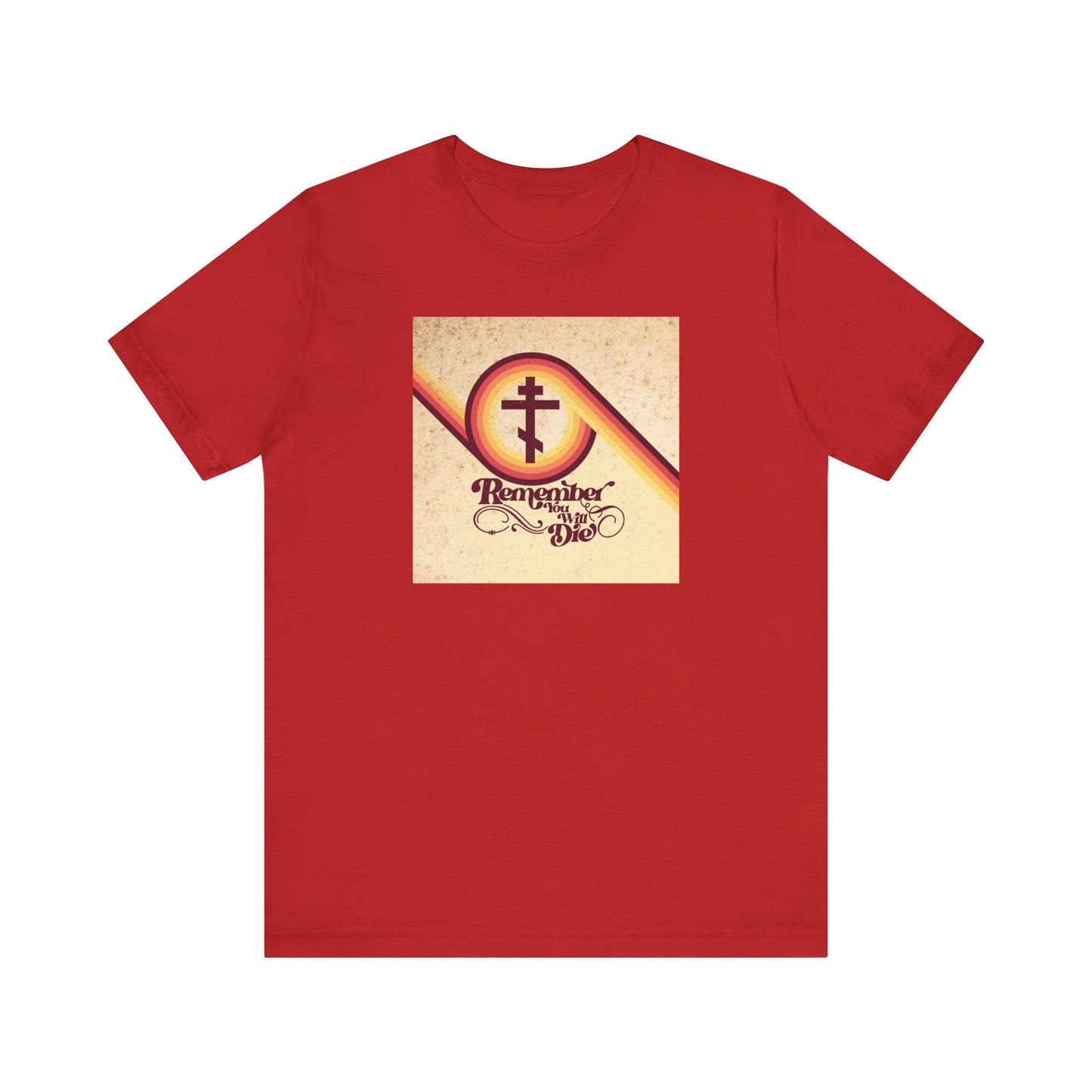 Red "Remember You Will Die 70s Aesthetic" lightweight cotton unisex tee featuring a Memento Mori cross design and vintage-inspired "Remember Who You Are" text on the chest, drawing inspiration from the Orthodox Christian tradition and the Bible parable of the rich fool (Luke 12:16–21).
