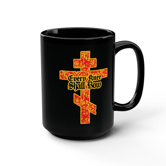 The "Every Knee Shall Bow" black mug features a gold and red floral Orthodox Cross with gothic lettering, inspired by Isaiah 45:22-24 and Philippians 2:7-11, proclaiming Jesus Christ is Lord.