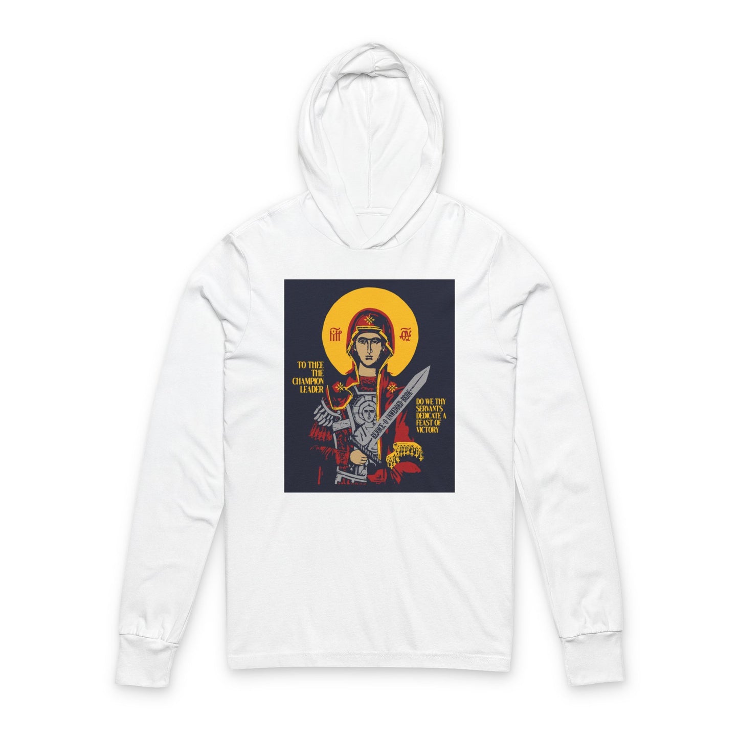 To Thee the Champion Leader | Mother of God | Theotokos with Sword IconoGraphic | Orthodox Long Sleeve Hooded Shirt